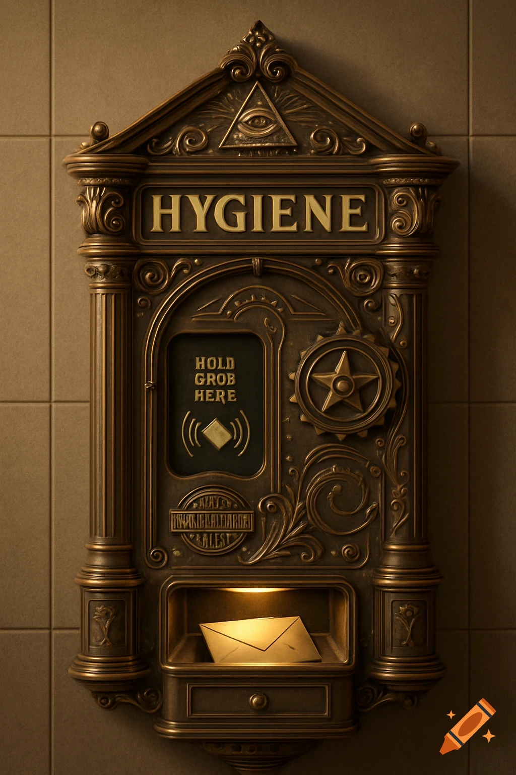 An ornate, bronze steampunk-style hygiene dispenser with Masonic symbols and intricate carvings, featuring an illuminated slot holding a golden envelope, mounted on a tiled wall.