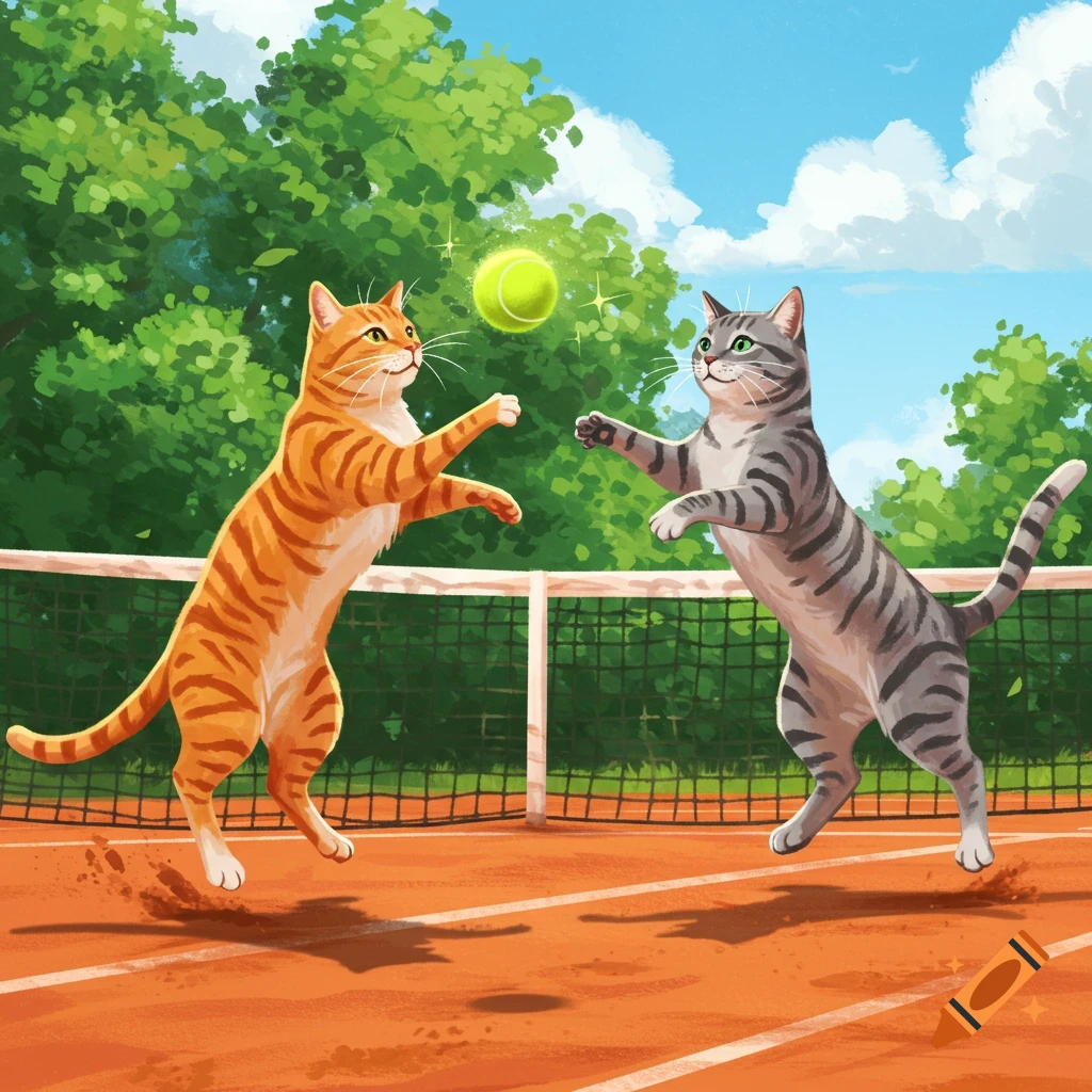 Two cartoon cats, one orange tabby and one grey tabby, play tennis on a red clay court with a net, green trees, and a blue sky.