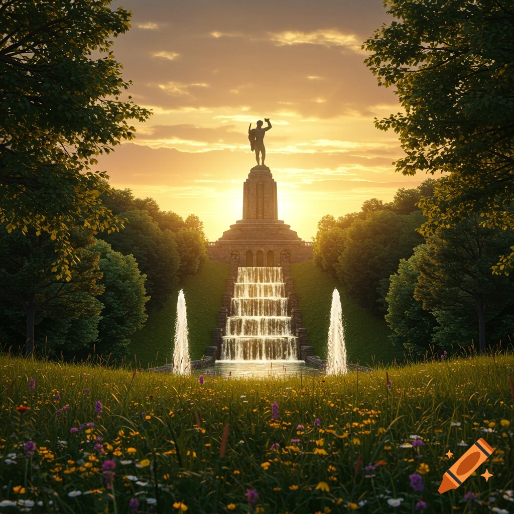 Photorealistic view of the Hercules Monument and tiered waterfall in a lush park at sunset, framed by trees.