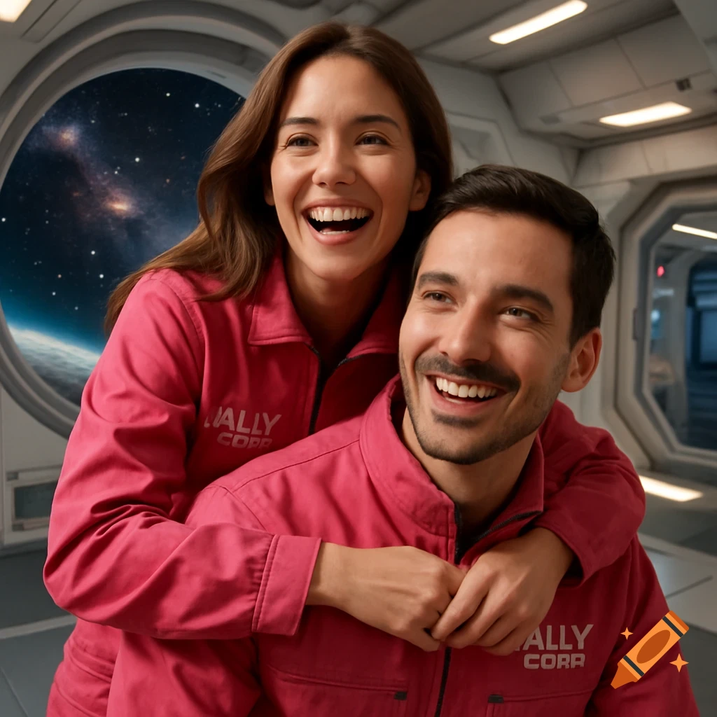 A laughing man and woman in pink Ally Corp jumpsuits in a spaceship with stars and planets visible through a window.