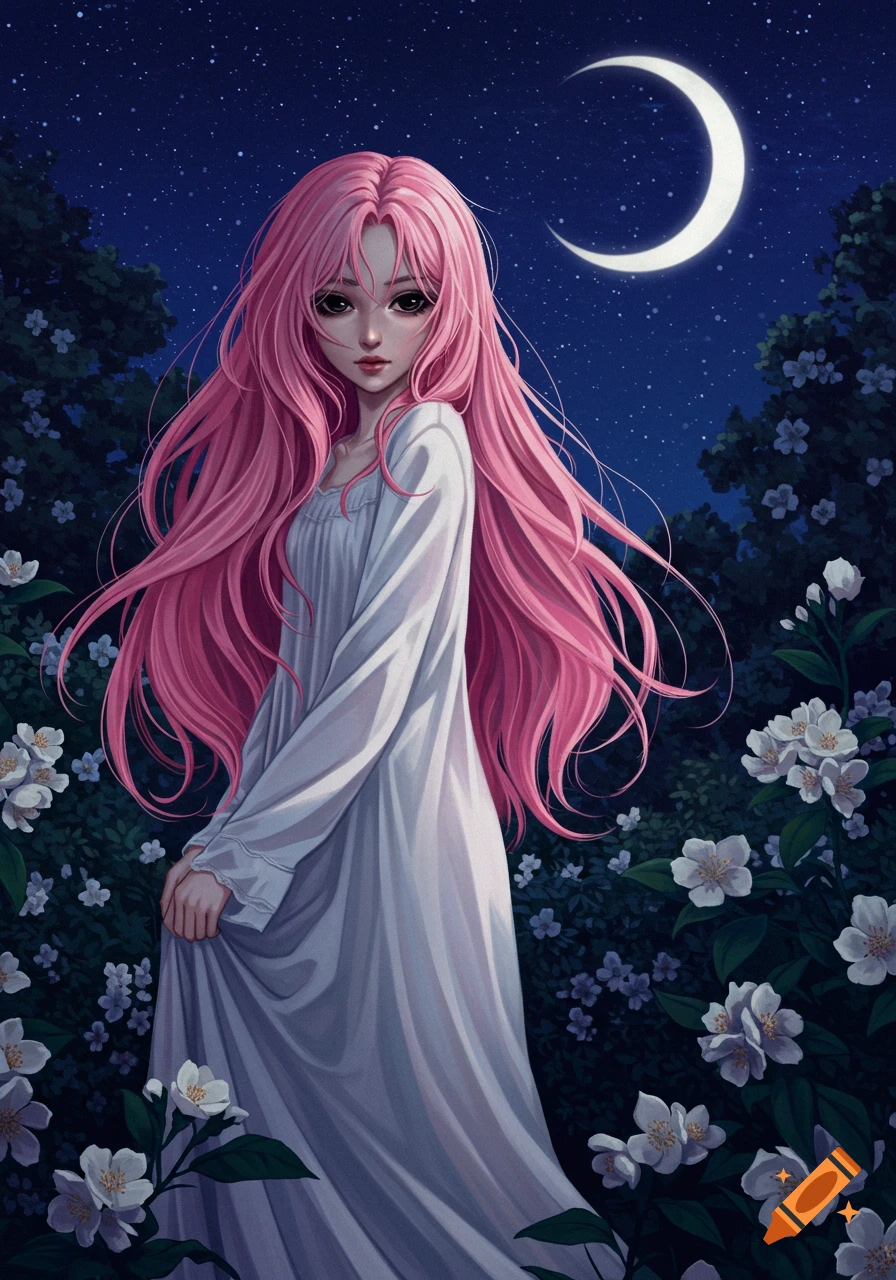An anime girl with long pink hair in a white nightgown stands in a moonlit garden filled with white flowers.