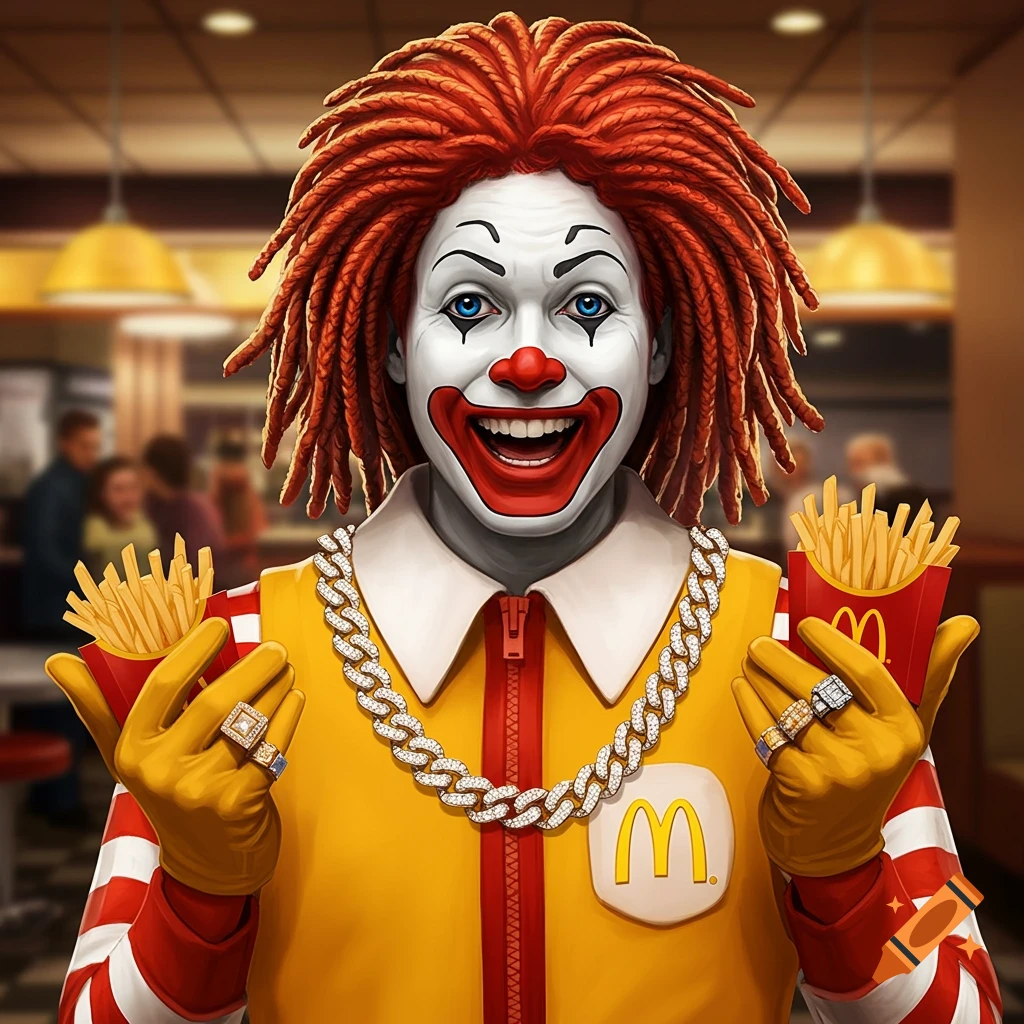 A stylized, grinning Ronald McDonald with red dreadlocks, a cuban link chain, and rings, holding two boxes of french fries in a McDonald's restaurant.