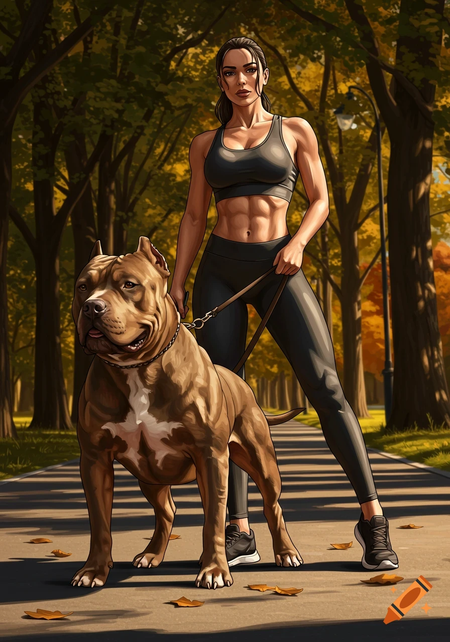 A muscular woman in a sports bra and leggings walks a large brown pitbull dog in an autumnal park in an illustrative style.