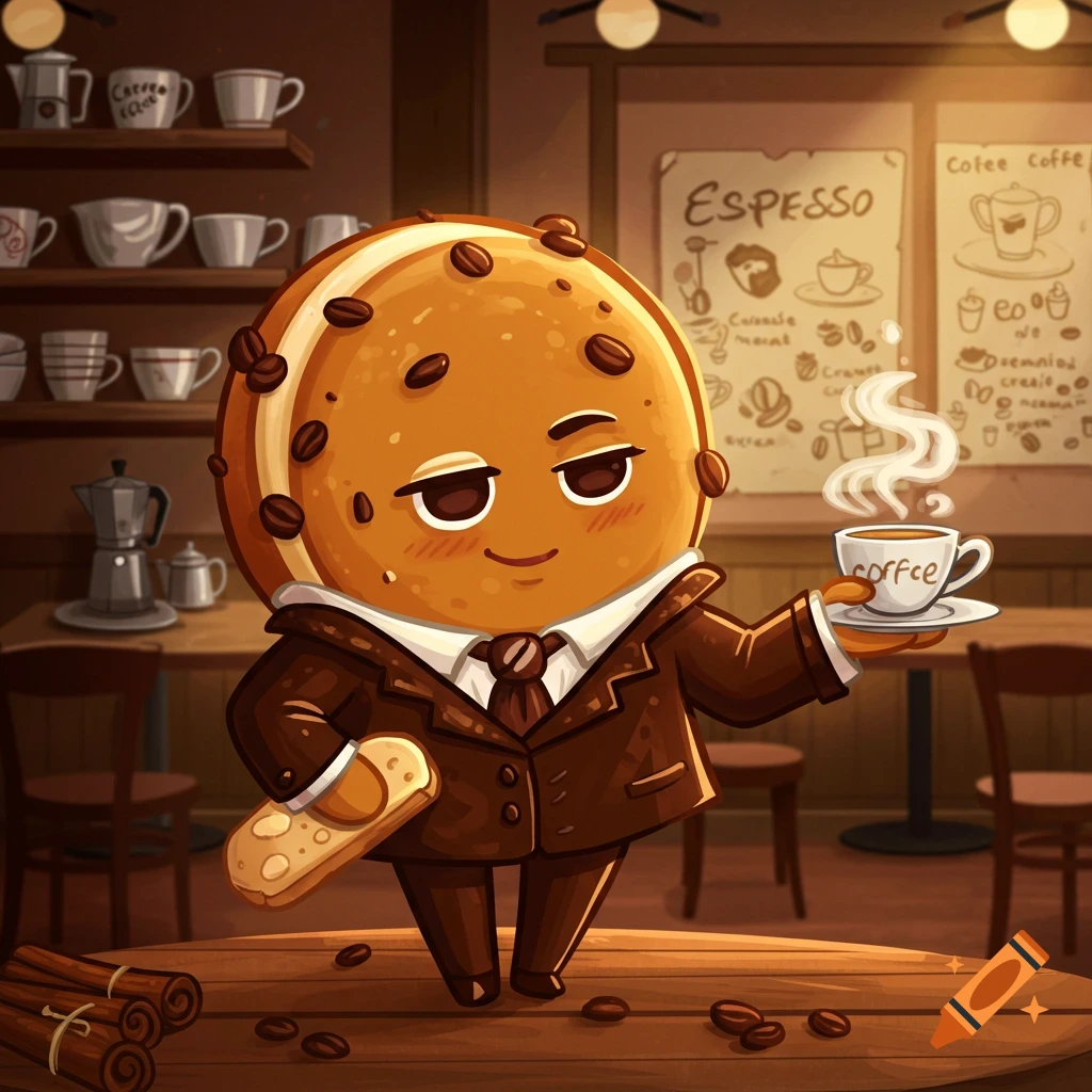 A cartoon cookie character wearing a brown suit stands in a coffee shop, holding a steaming cup of coffee and a biscuit.