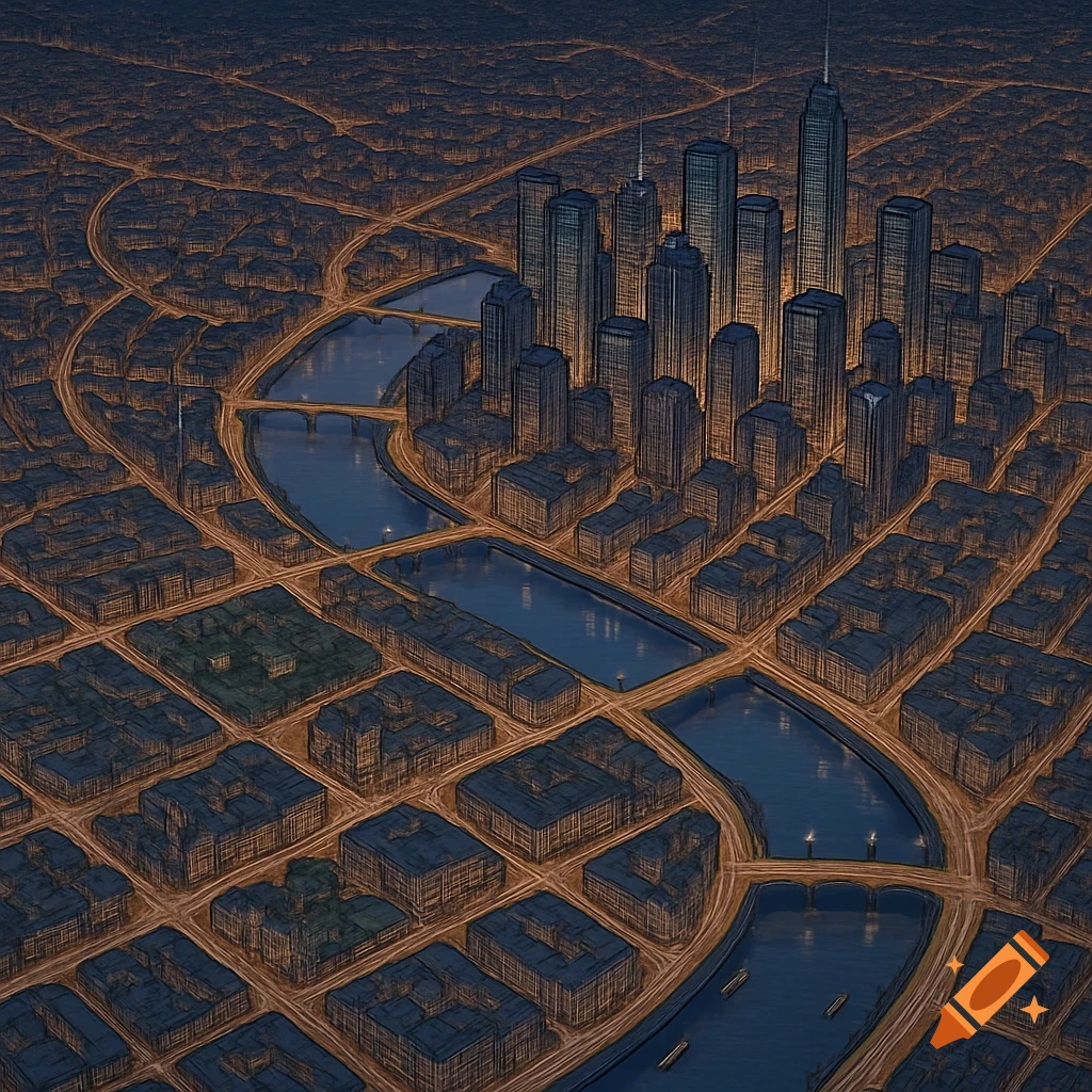 Aerial view of a sprawling city at night with illuminated streets, rivers, and tall skyscrapers in a stylized render.