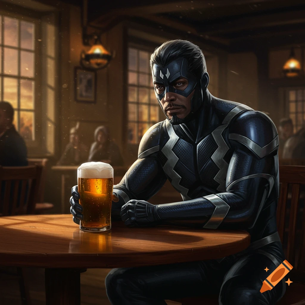 Marvel's Black Bolt in his suit, sitting at a wooden table in a dimly lit pub, holding a glass of beer.