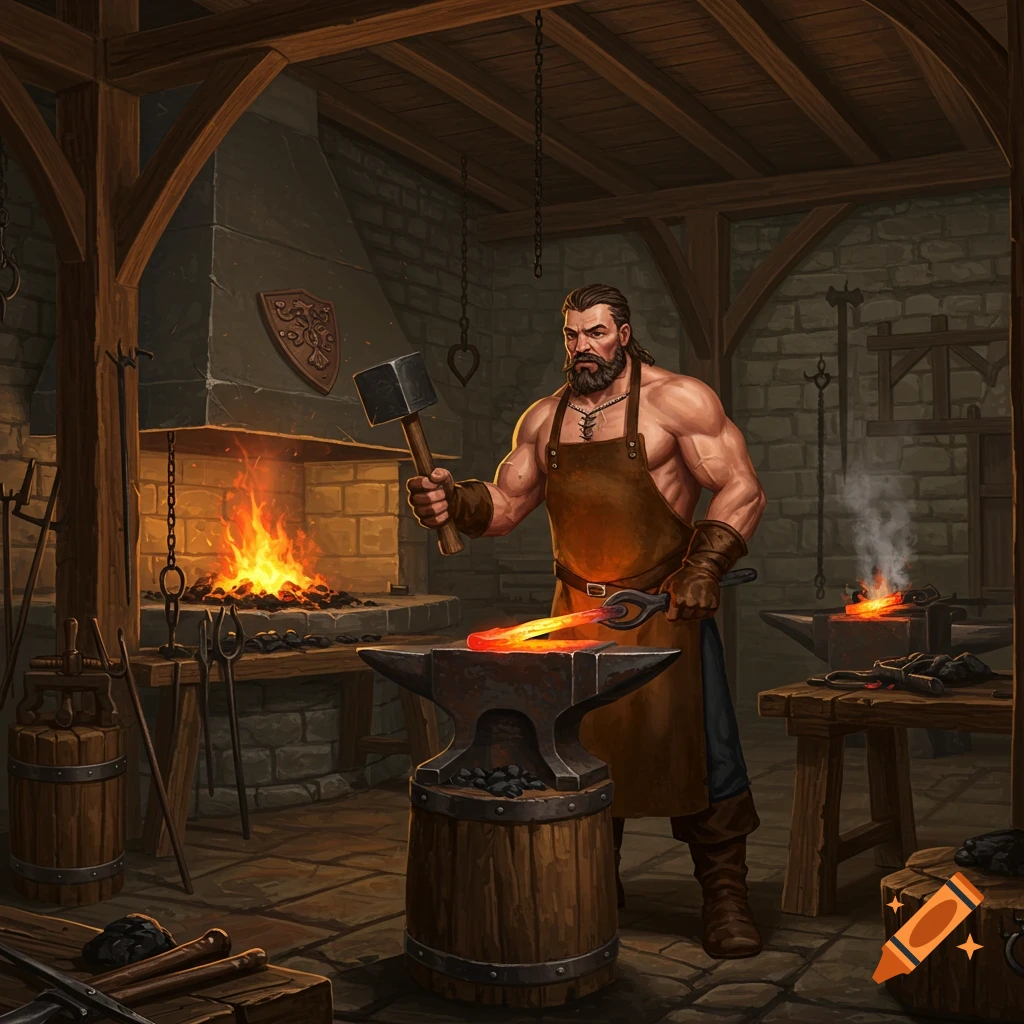 Muscular bearded blacksmith hammers glowing hot metal on an anvil in a rustic, fire-lit forge.