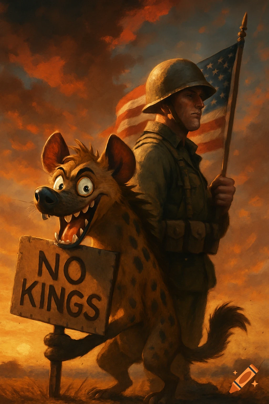 A cartoon hyena with a "NO KINGS" sign stands next to a serious US WWII soldier holding an American flag against an orange sky.