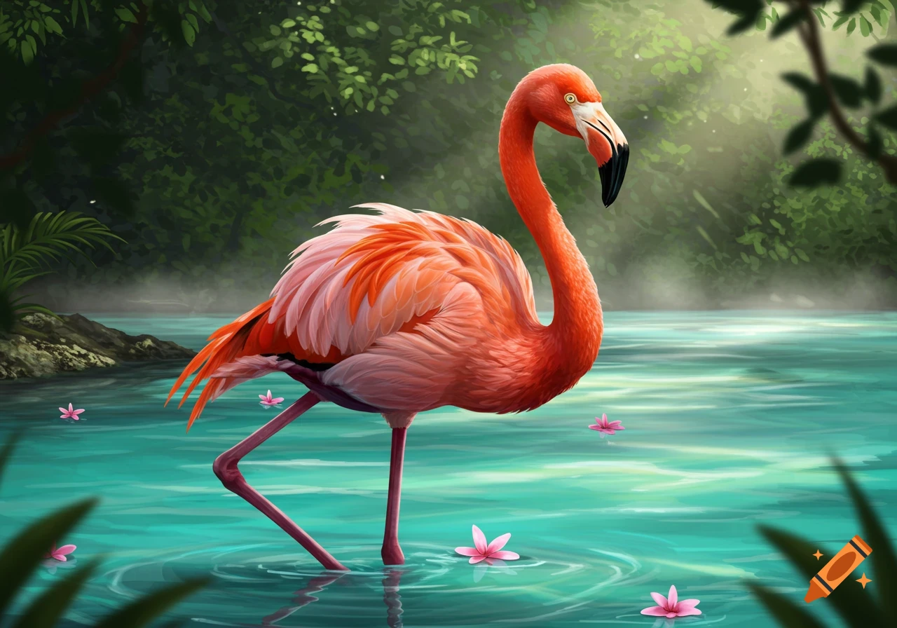 A vibrant pink flamingo stands in shallow turquoise water with pink flowers, surrounded by lush green tropical foliage.