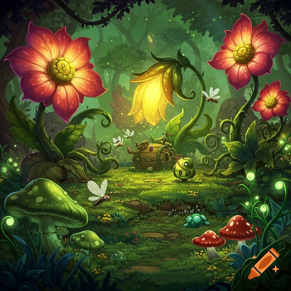 Vibrant cartoon fantasy forest scene with large glowing flowers, green mushrooms, whimsical insects, and small creatures on a plant island.