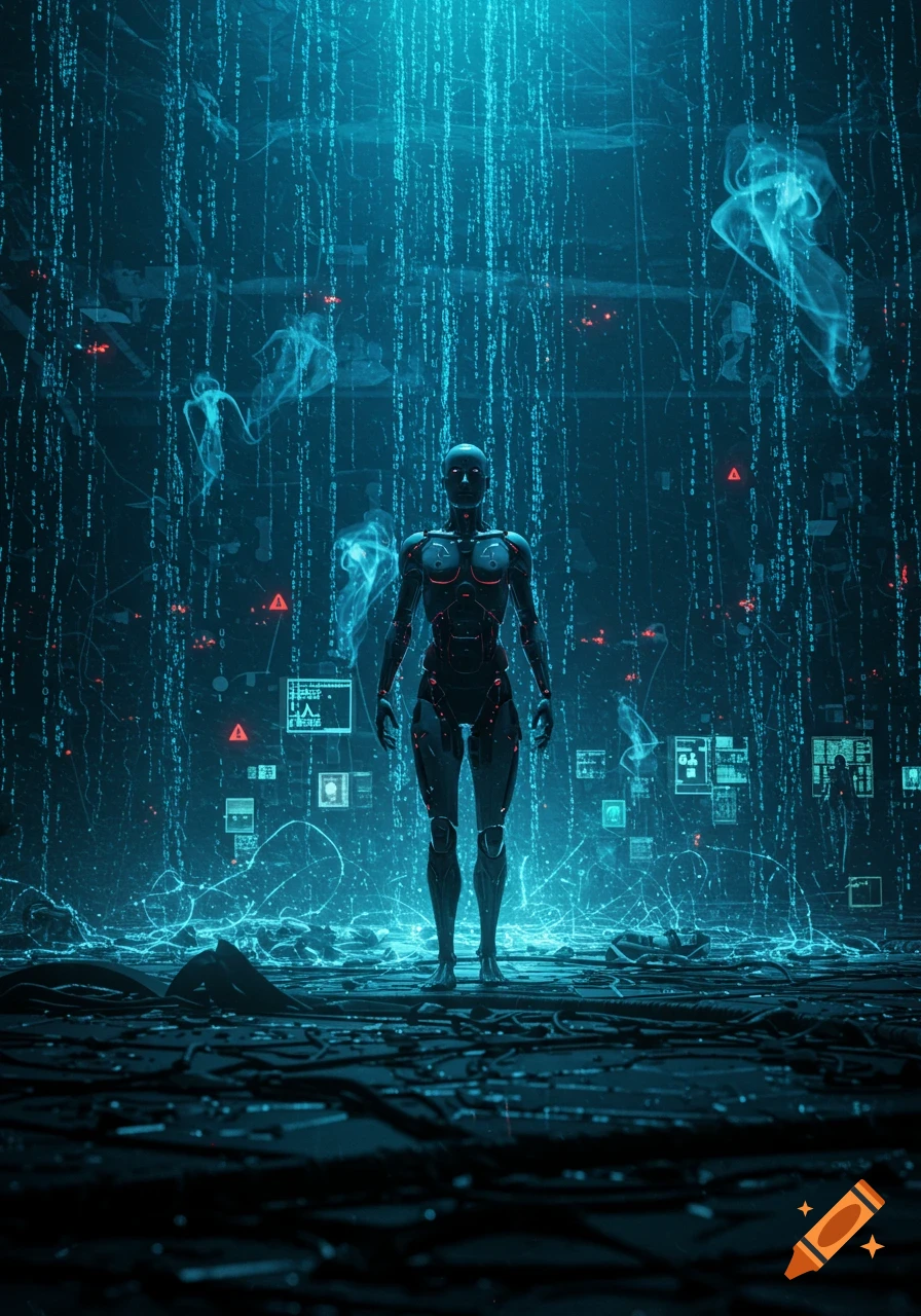 A sleek black humanoid robot stands centered in a dark, glowing blue digital matrix with falling data streams and intricate light patterns.