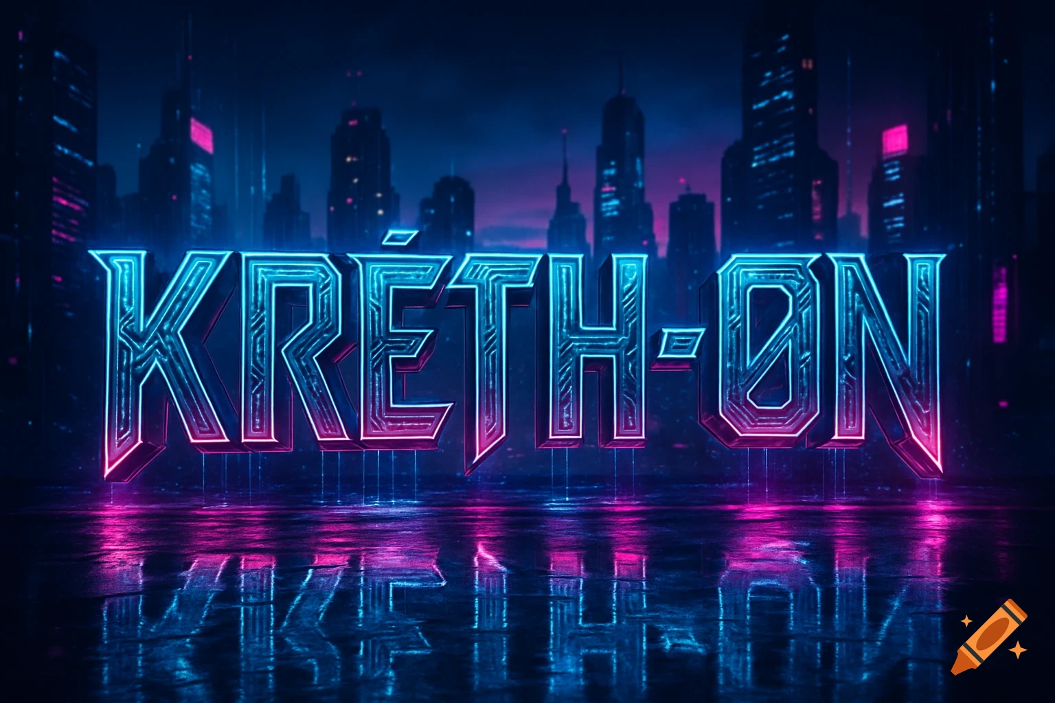 The word KRÉTH-ØN in glowing blue and pink neon against a dark cyberpunk city skyline with reflections on a wet surface.