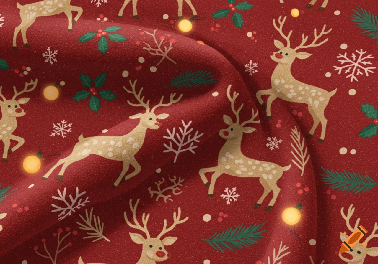 A festive red Christmas pattern with stylized reindeer, holly, snowflakes, and glowing lights on fabric.
