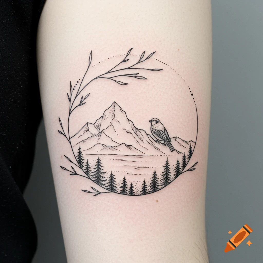 A minimalist black line-art tattoo on an arm featuring mountains, pine trees, a lake, and a bird, encircled by a leafy branch.