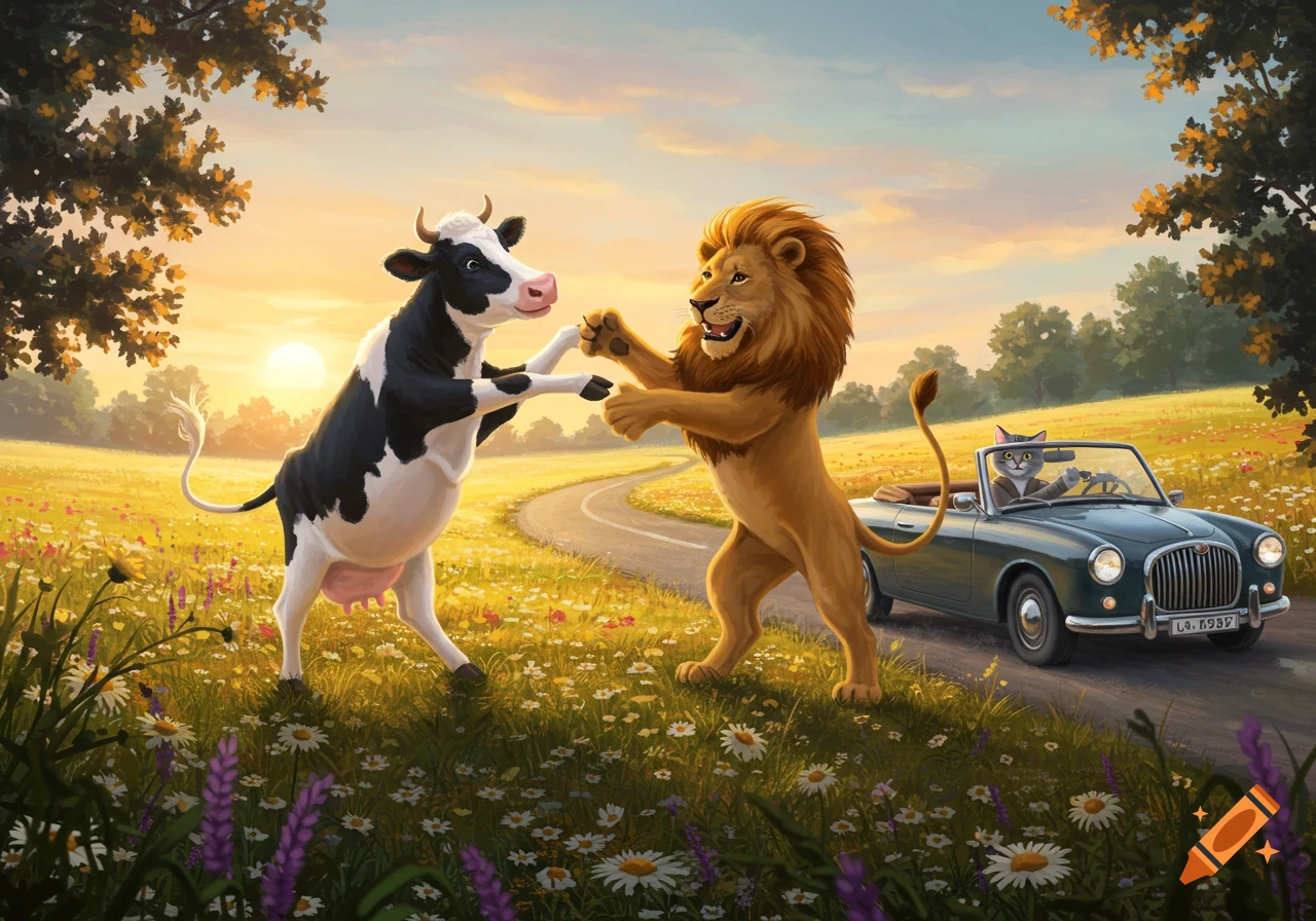A whimsical illustration of a cow and lion dancing in a sunny field with a cat driving a vintage car on a winding road.