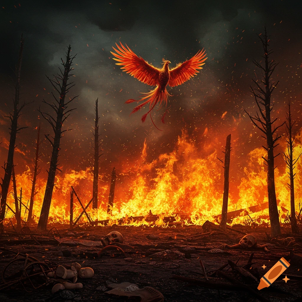 A vibrant red and orange phoenix flies above a landscape consumed by raging fire, with charred trees, skulls, and debris.
