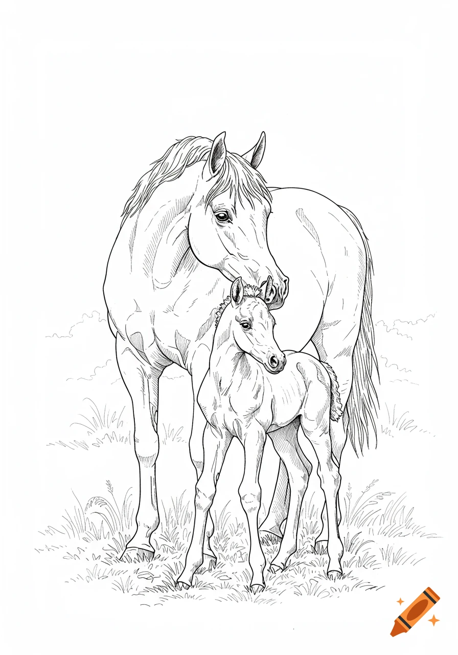 Black and white line drawing of a mare and her newborn Arabian foal standing in a grassy field, ready for coloring.