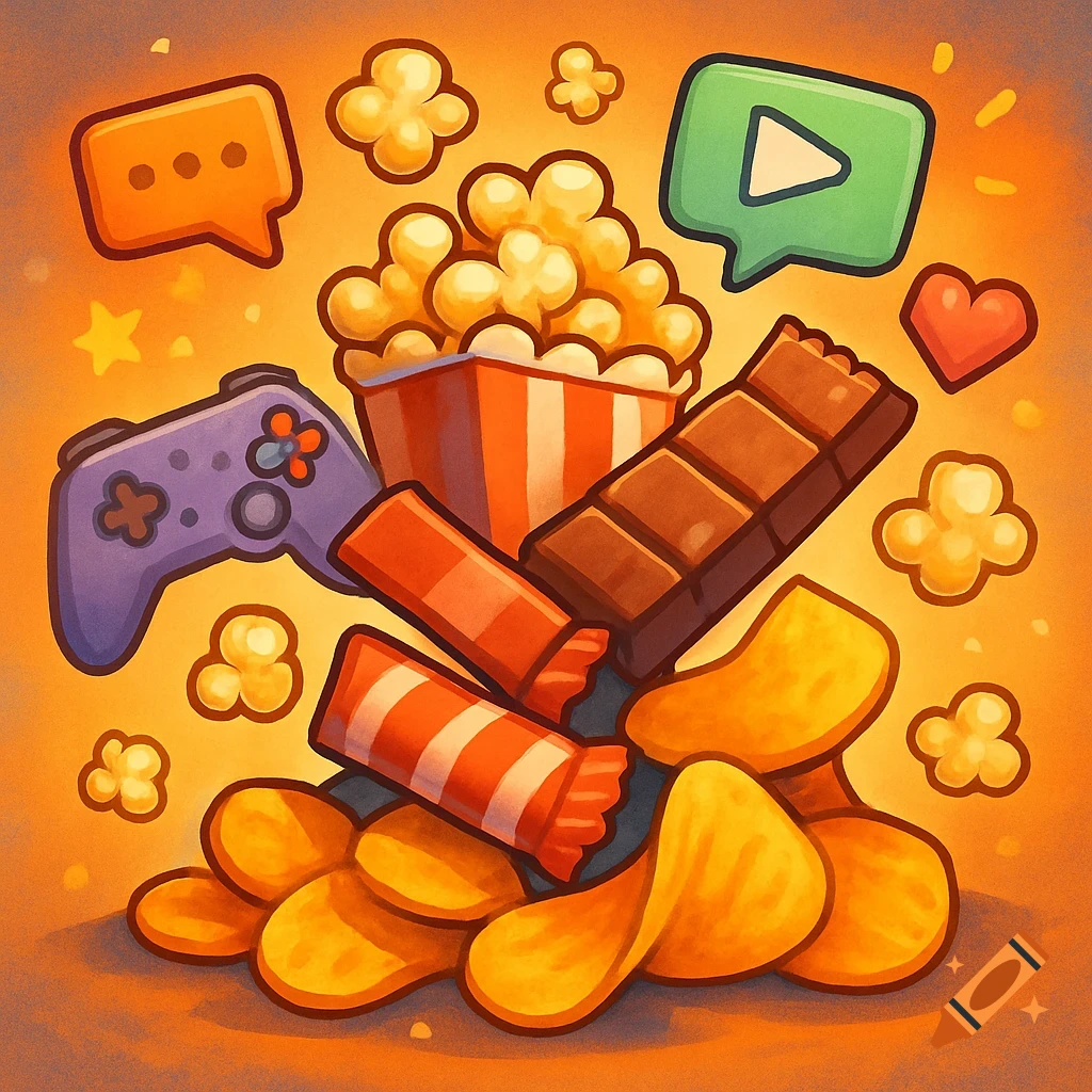 Cartoon illustration of a game controller, popcorn, chocolate, chips, and candy with chat and play symbols.
