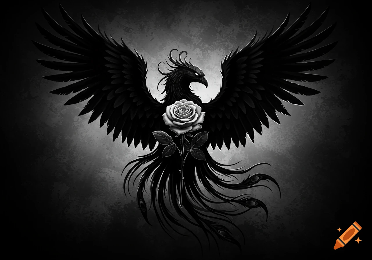 A black phoenix with outstretched wings holds a white rose in its talons against a dark, textured background, in a monochrome art style.
