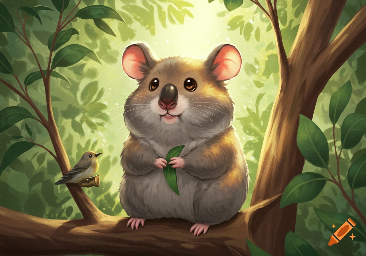 An adorable cartoon hamster-koala hybrid sitting on a tree branch, holding a leaf, with a small bird nearby, in a lush green forest.