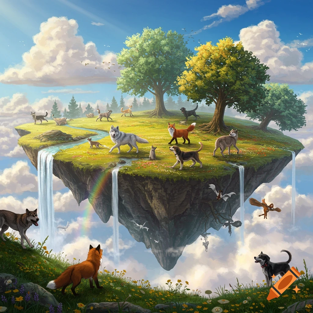 A whimsical digital painting of a lush green floating island with waterfalls, trees, and a rainbow. Wolves, foxes, dogs, and cats roam peacefully across the island and surrounding landscape under a bright blue sky with fluffy clouds.