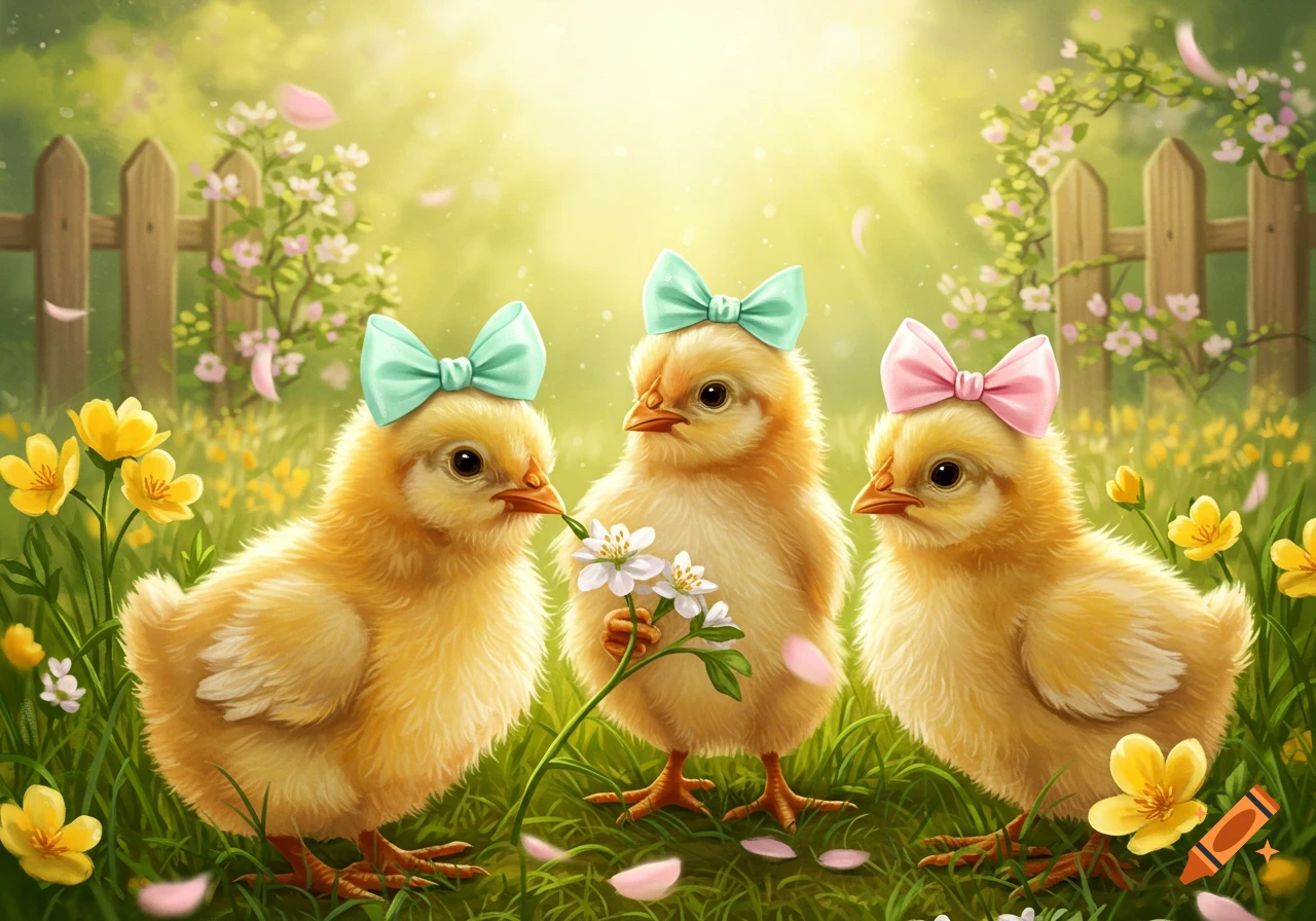 Three fluffy yellow chicks with colorful bows stand in a sunny, flower-filled spring field with a wooden fence.
