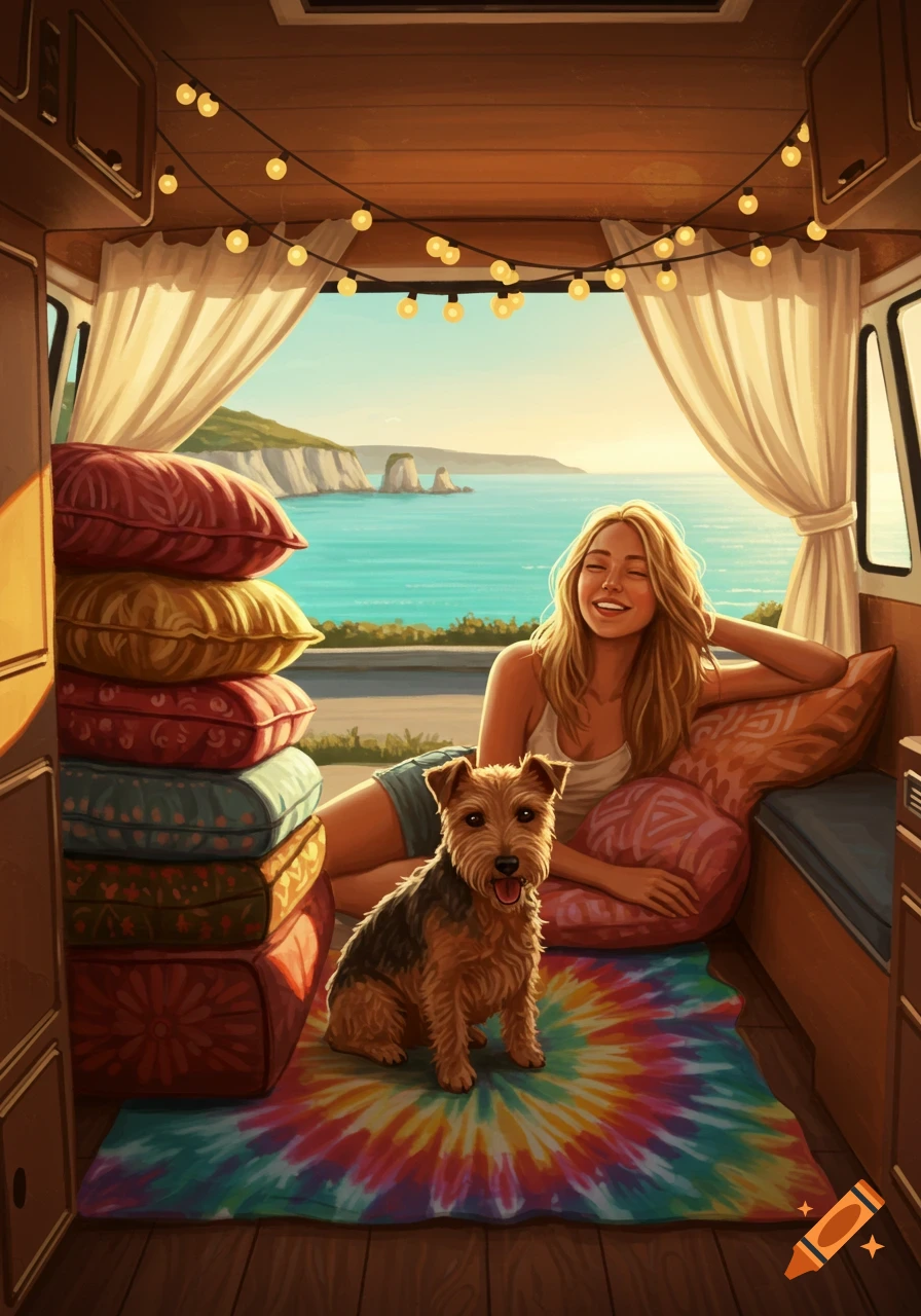 A woman and a terrier dog relaxing inside a camper van, overlooking a sunny coastal landscape with cliffs and blue sea.
