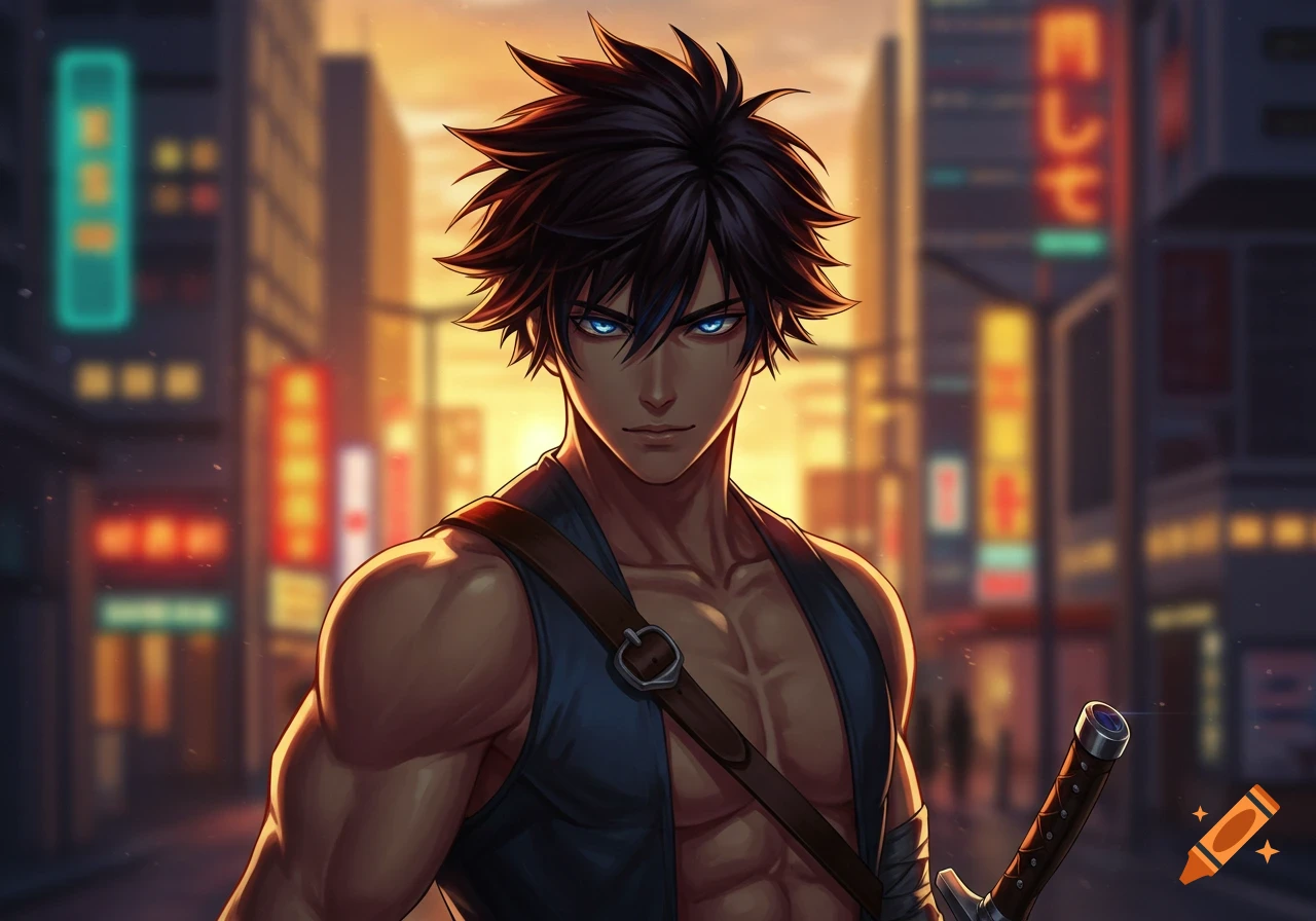 Anime guy with spiky dark hair and glowing blue eyes, wearing an open vest, holding a sword in a neon-lit city at sunset.