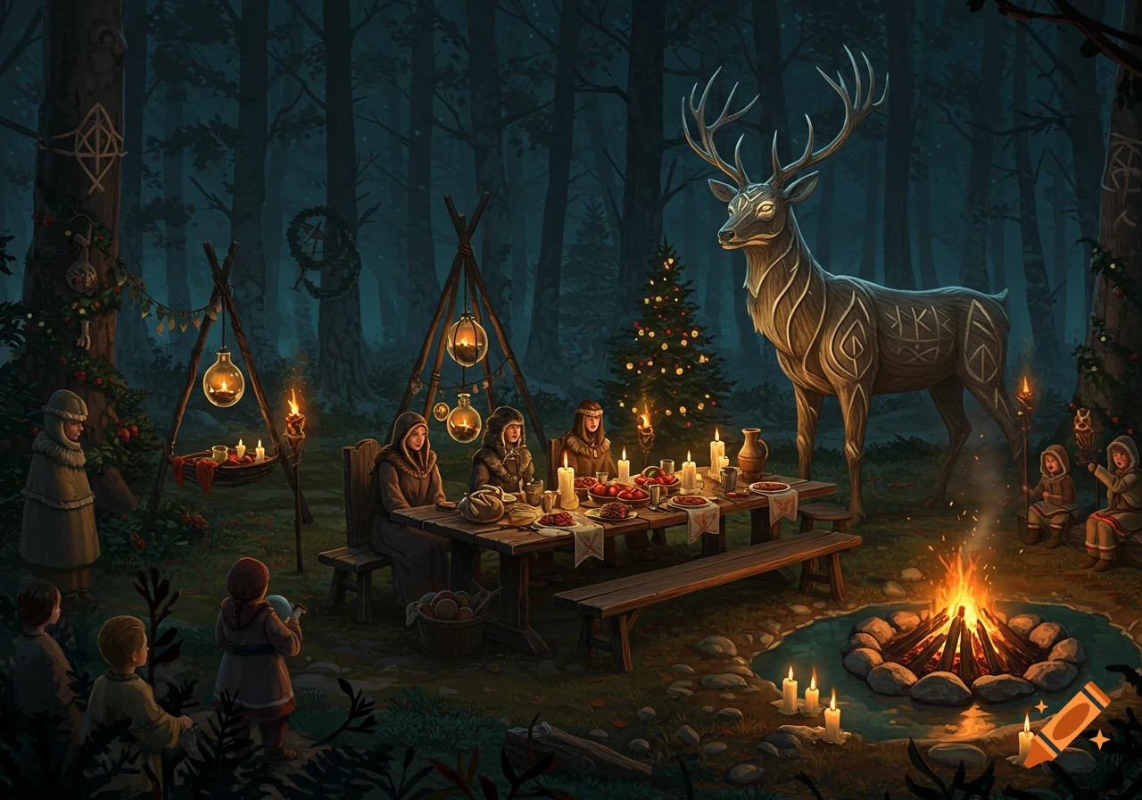 A Yule celebration in a dark forest. People feast at a table, a bonfire blazes, a majestic runic deer statue stands, and a decorated tree glows.