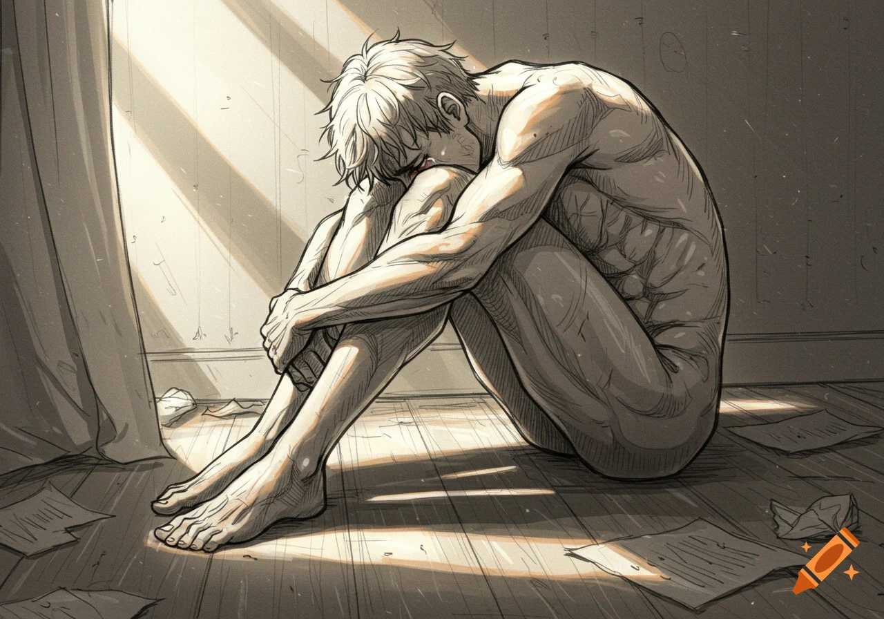 A nude, distressed man with white hair sits curled up on the floor in a stylized sketch drawing, bathed in sunlight.