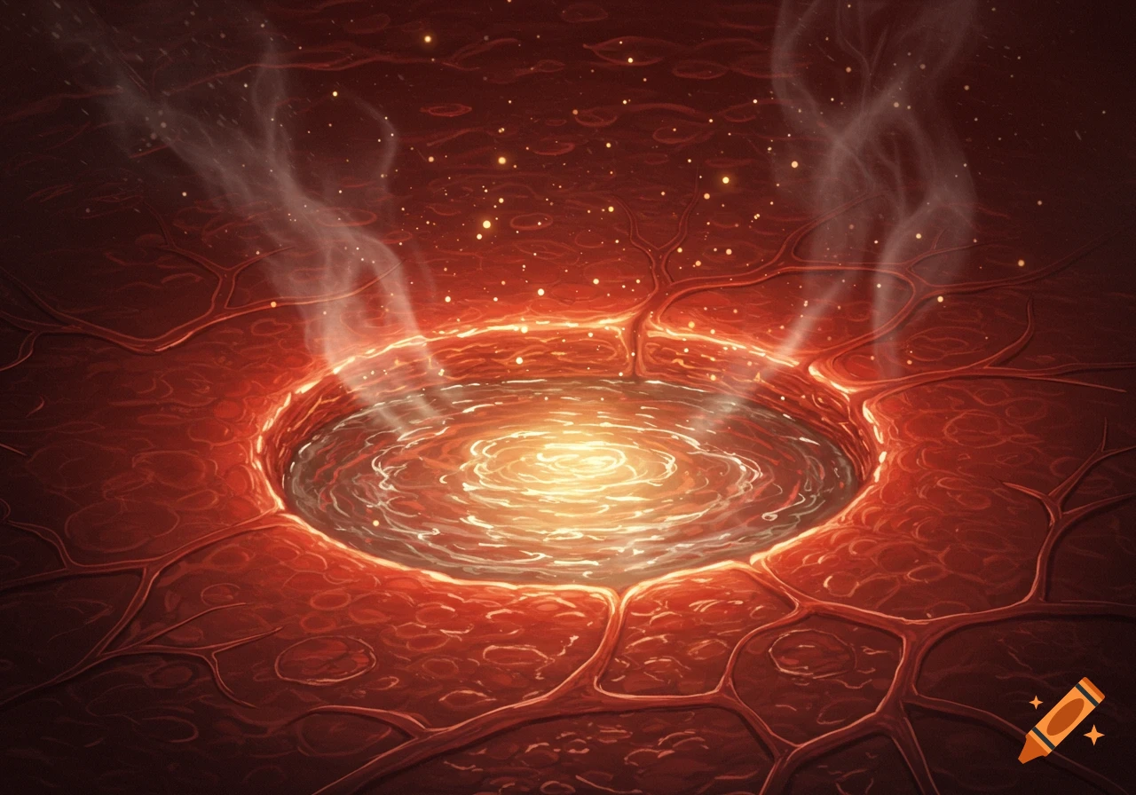 A glowing, swirling pool in a dark red, organic landscape with veins, sparkling particles, and wisps of smoke.