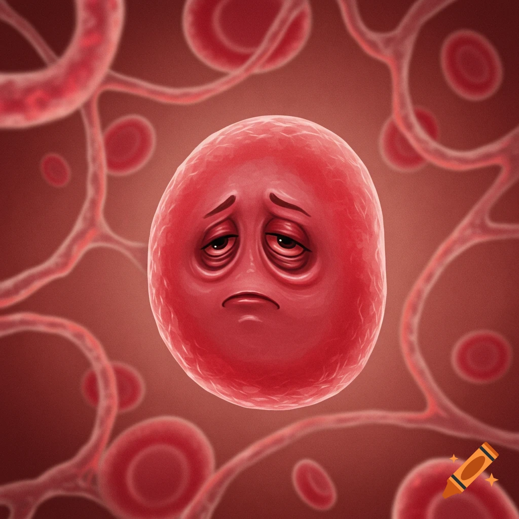 A droopy, pale red blood cell with bags under its eyes, surrounded by other red blood cells and capillaries.