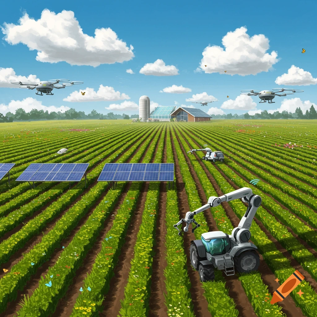 A vibrant smart farm scene with robotic tractors, drones, solar panels, and a modern barn, under a blue sky with fluffy clouds.