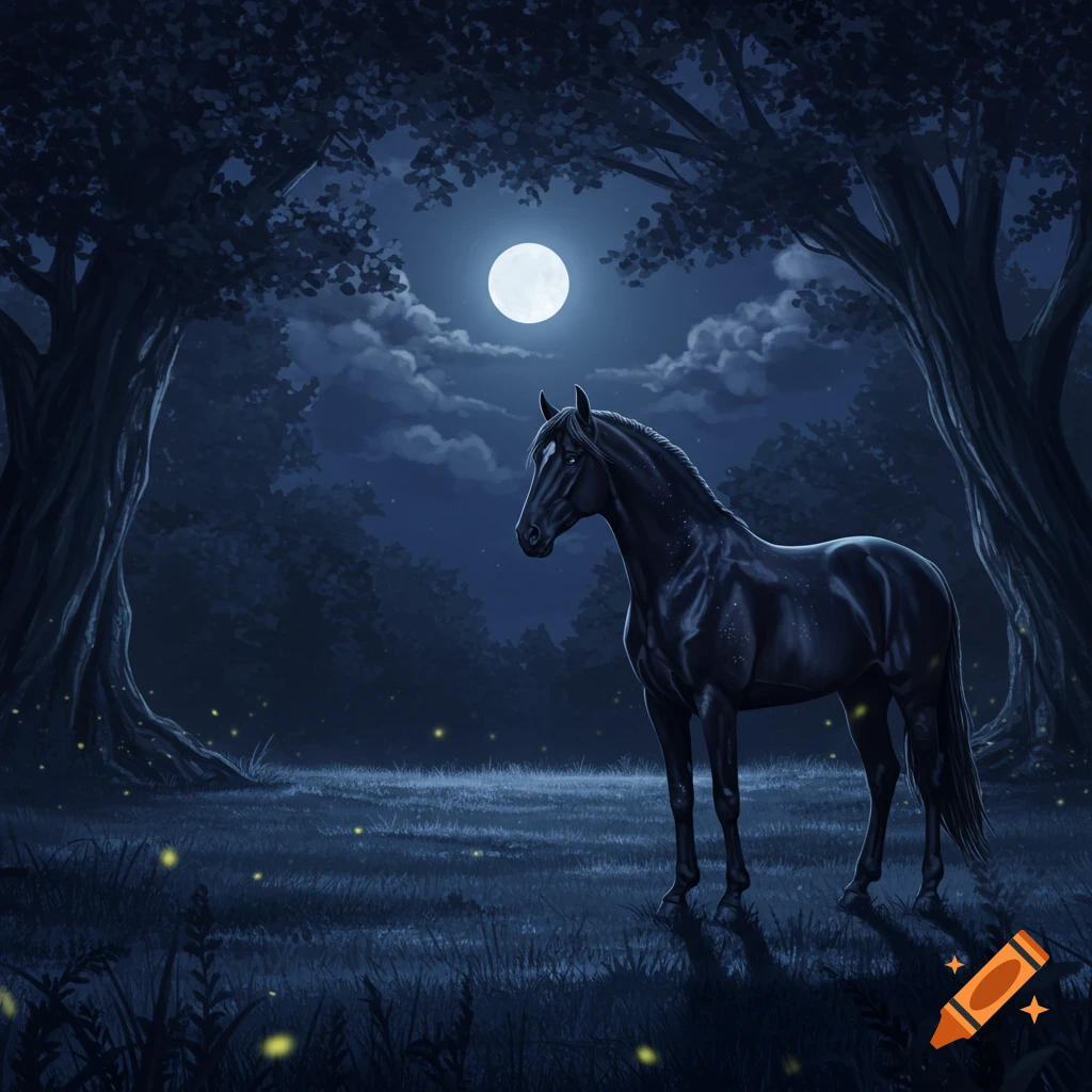 A majestic black horse stands in a dark, moonlit forest clearing with glowing fireflies and large trees.