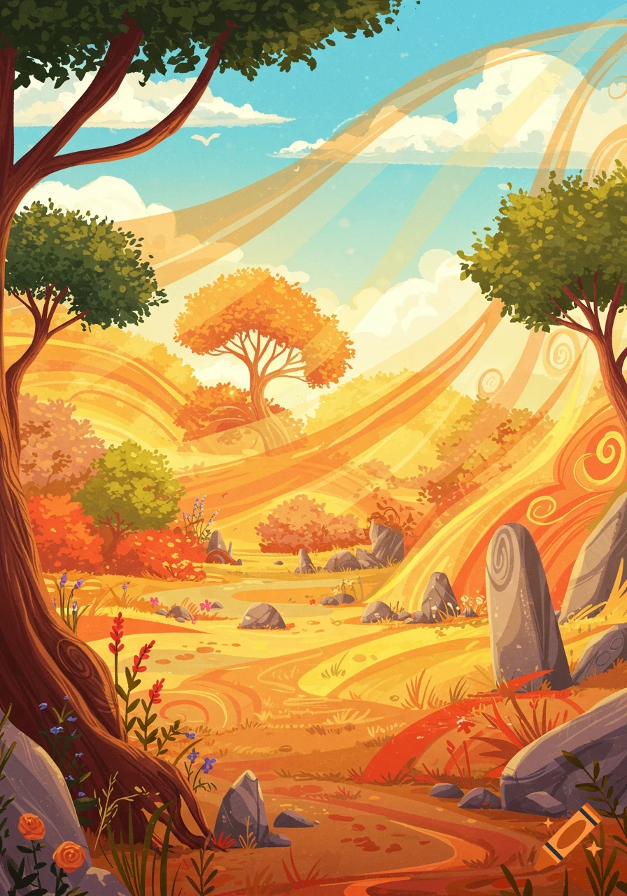 Vibrant, whimsical illustration of a dreamy fantasy landscape with trees, flowers, rocks, sunbeams, and swirling patterns.