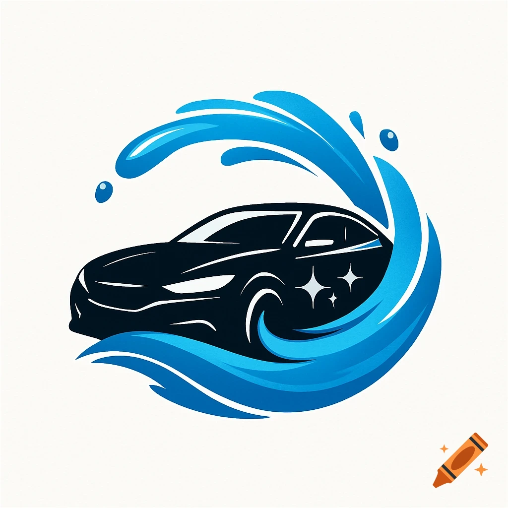 A stylized car wash logo with a black car encircled by blue water splashes and white star sparkles on a white background.