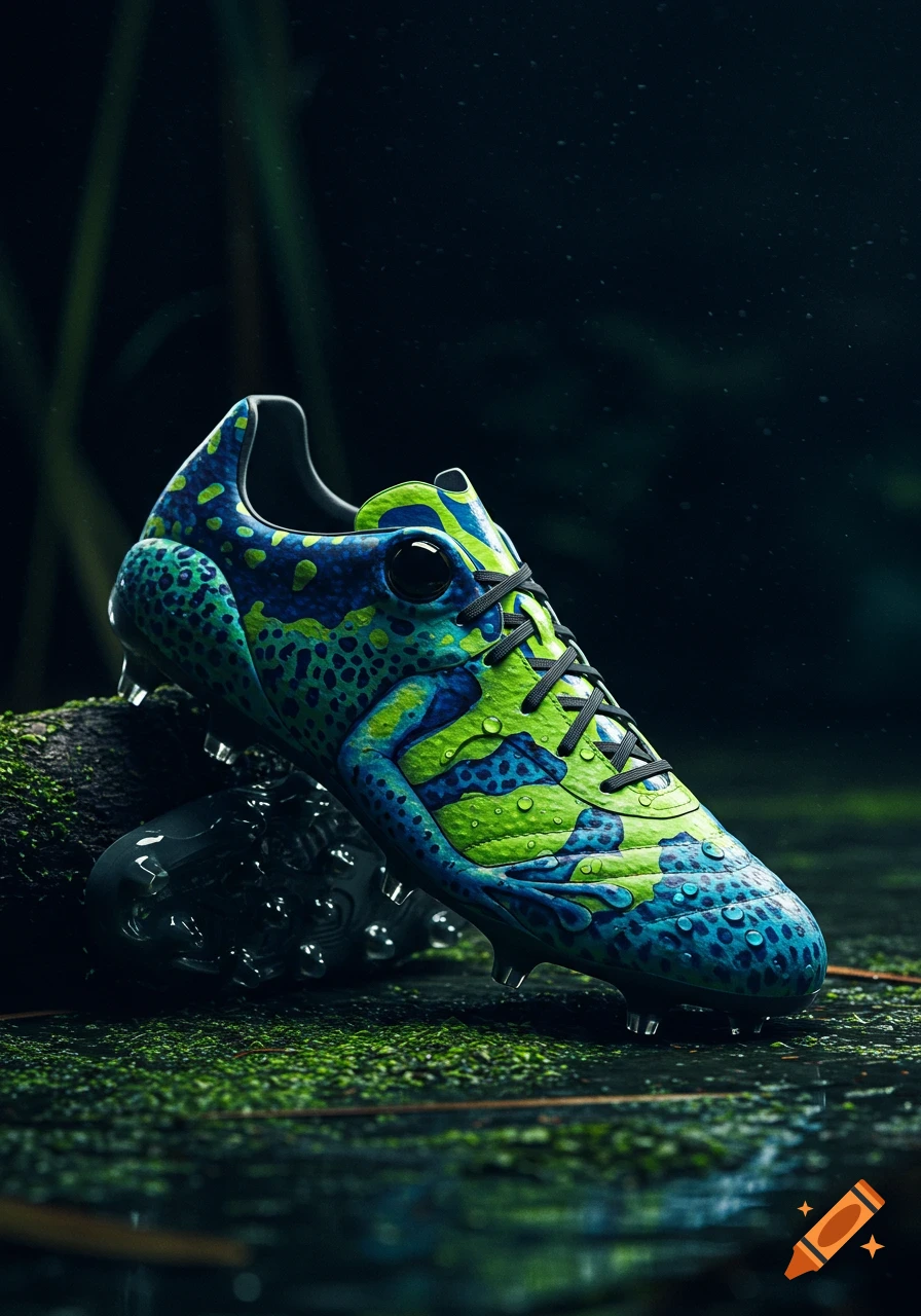 A vibrant blue and green frog-skin patterned rugby shoe, wet with water droplets, on a mossy surface in a dark forest.