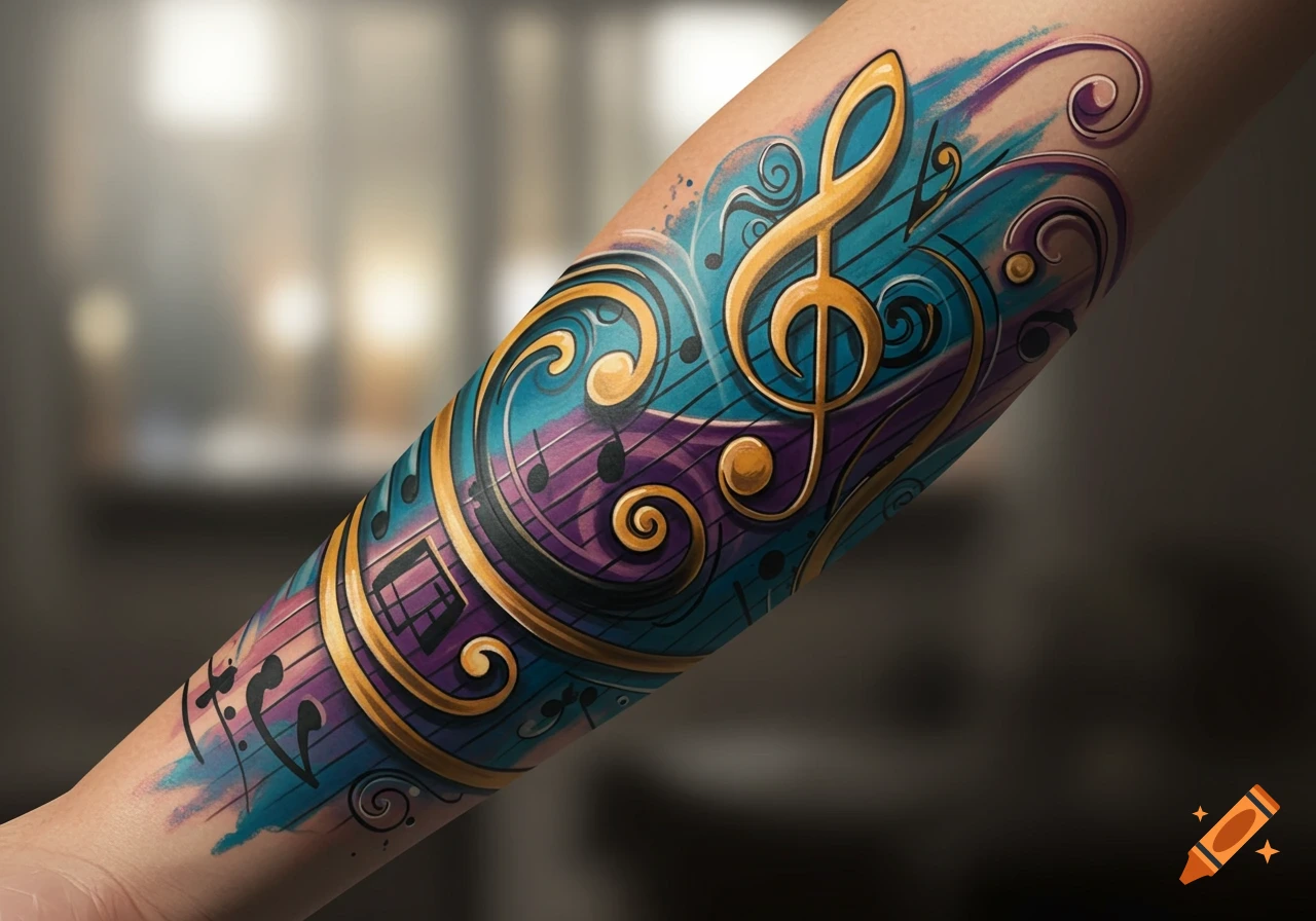 A vibrant, colorful musical tattoo featuring a golden treble clef, musical notes, and swirling patterns on an arm.