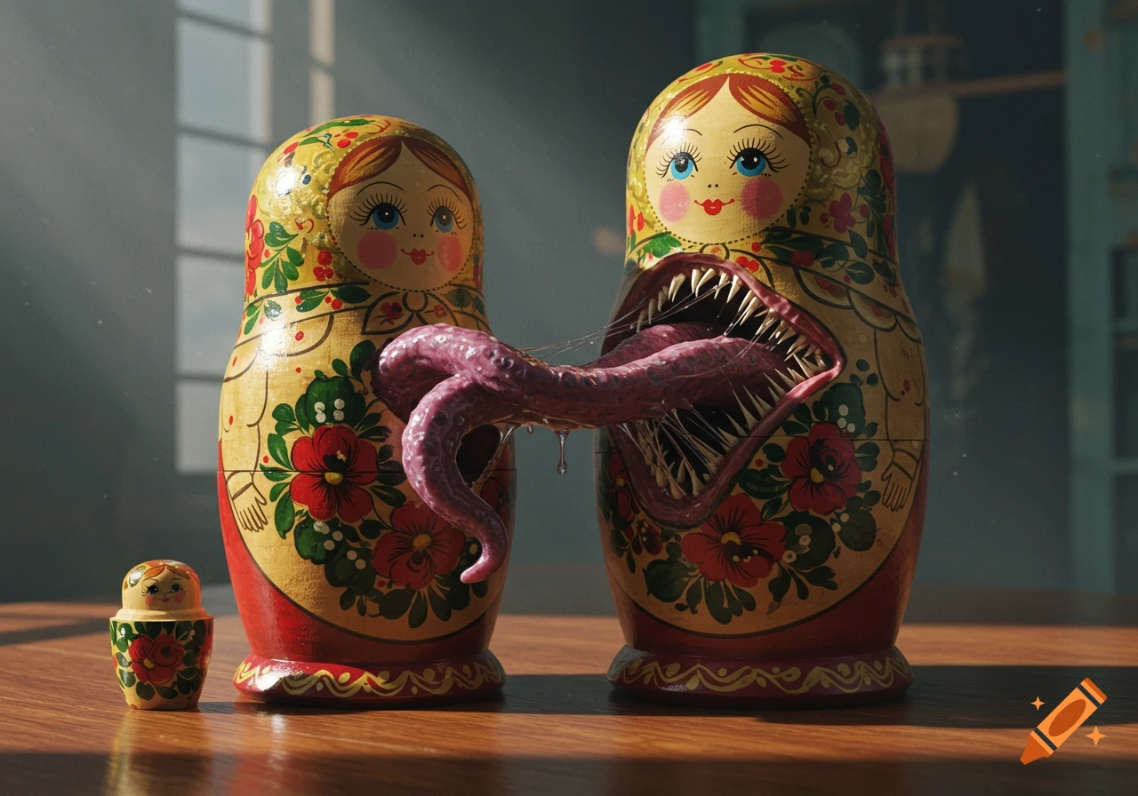 A small Matryoshka doll sits next to two larger ones, one of which has its mouth open, revealing a grotesque monster tongue and sharp teeth.