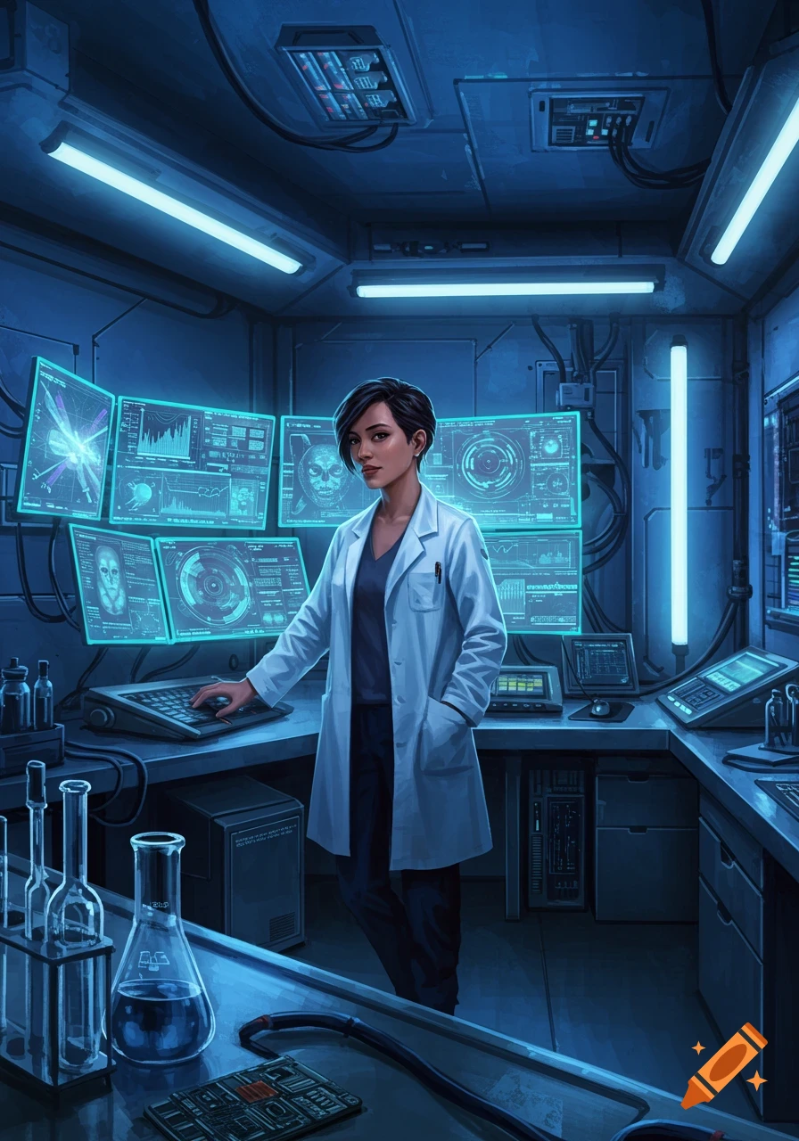 A woman in a lab coat stands in a futuristic laboratory filled with glowing blue screens and scientific equipment.