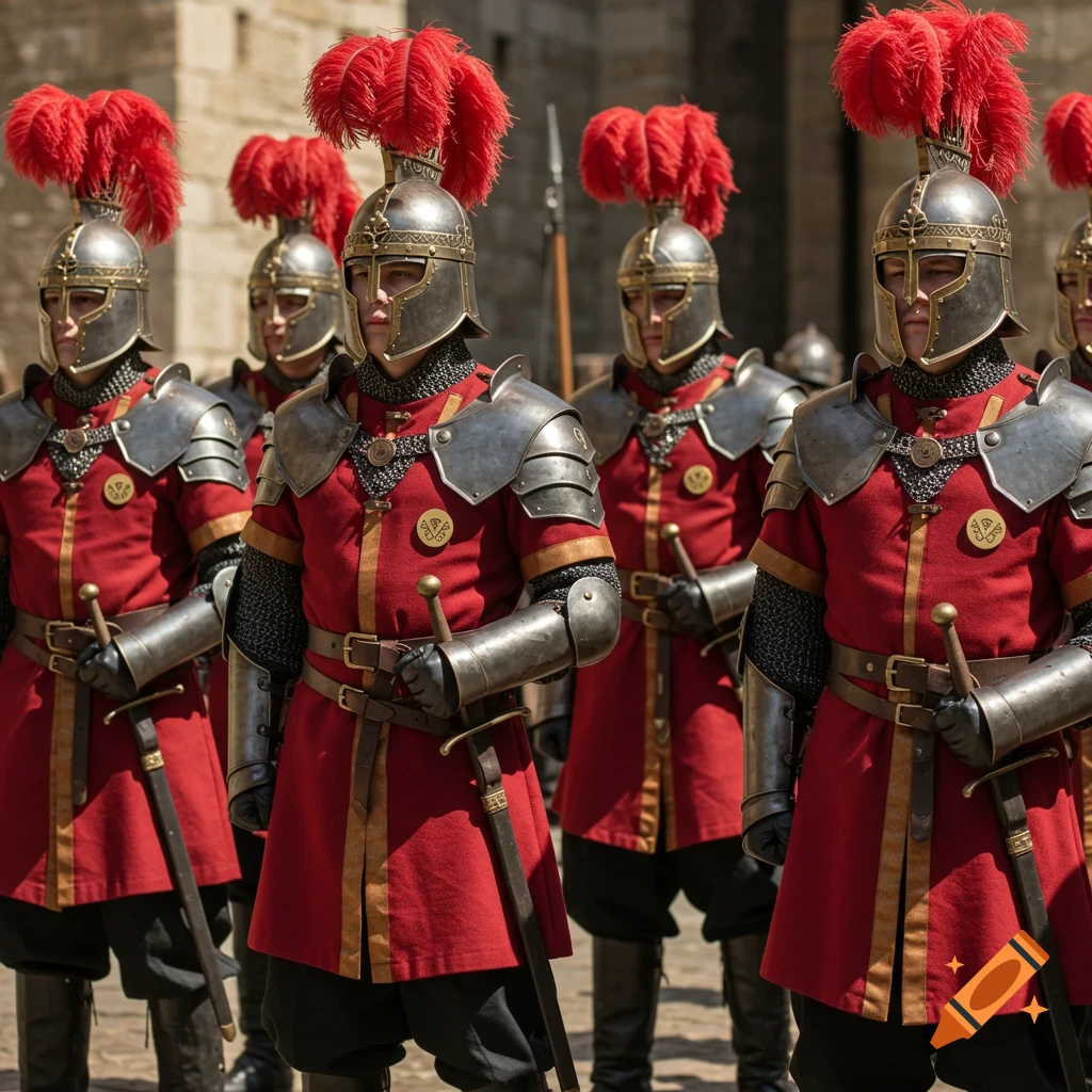 A line of armored guards in red and gold tunics with polished steel pauldrons and feathered helmets stands outdoors.