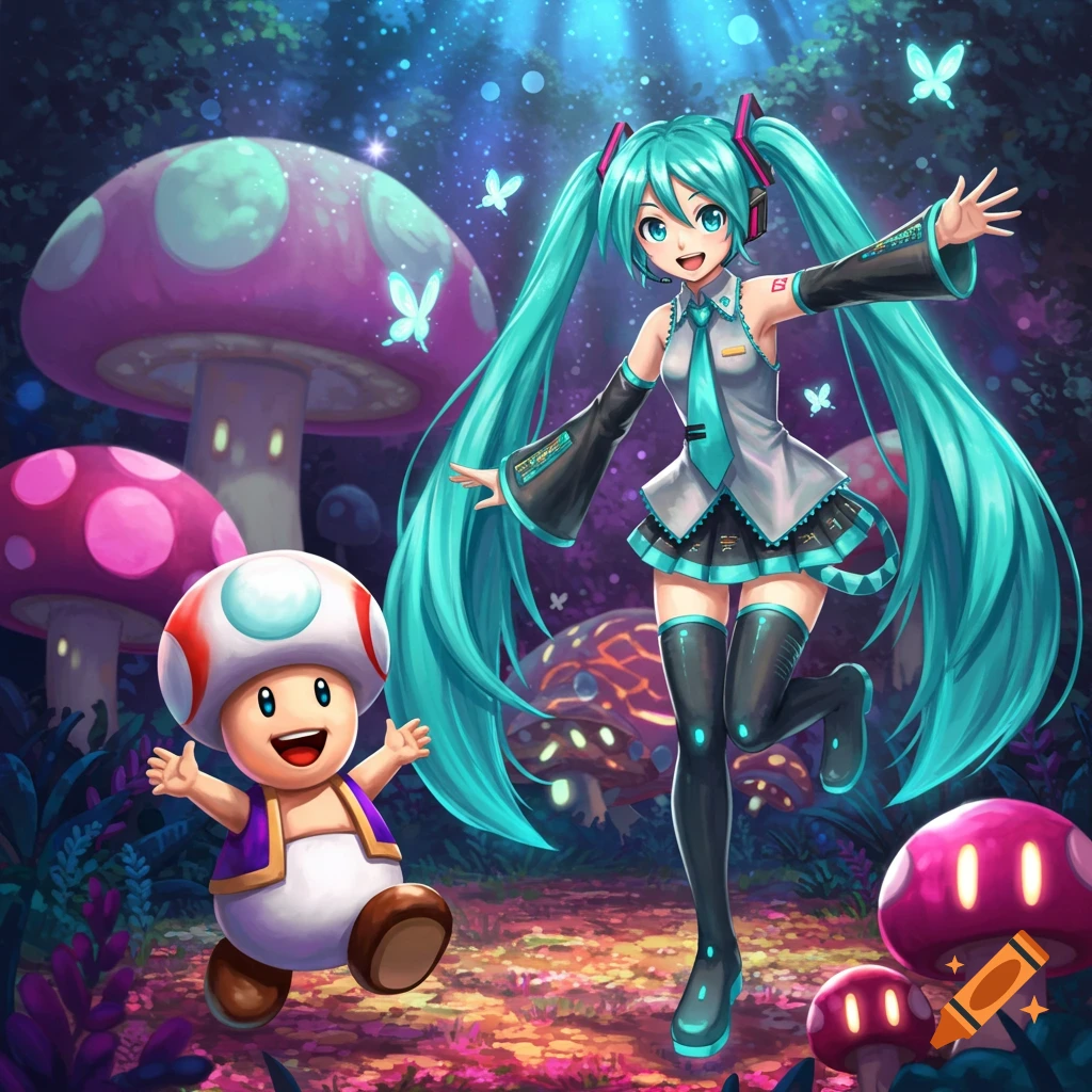 Hatsune Miku and Toad smiling and standing in a magical forest with glowing purple and pink mushrooms and luminous butterflies.