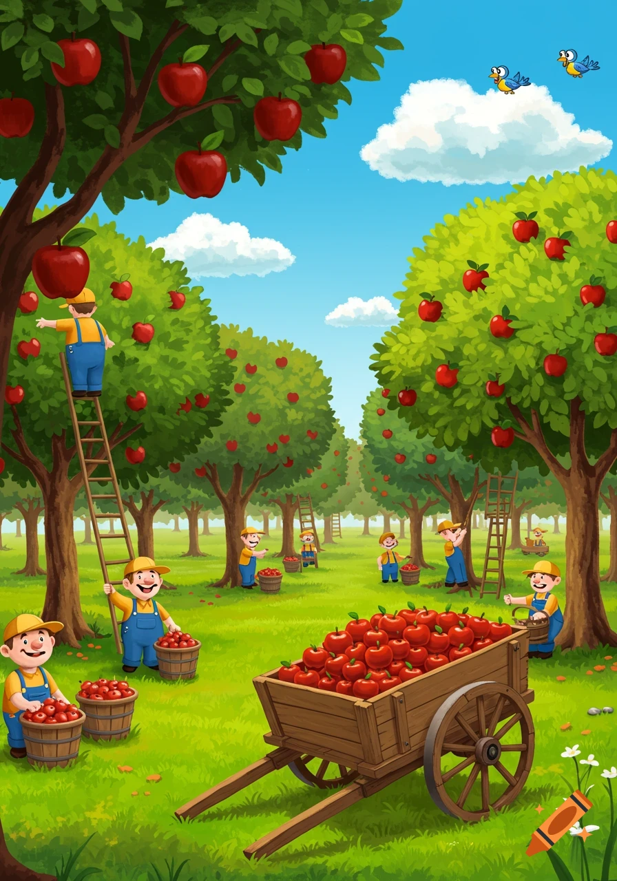 Vibrant cartoon of people harvesting red apples in a sunny orchard, using ladders and wooden carts.