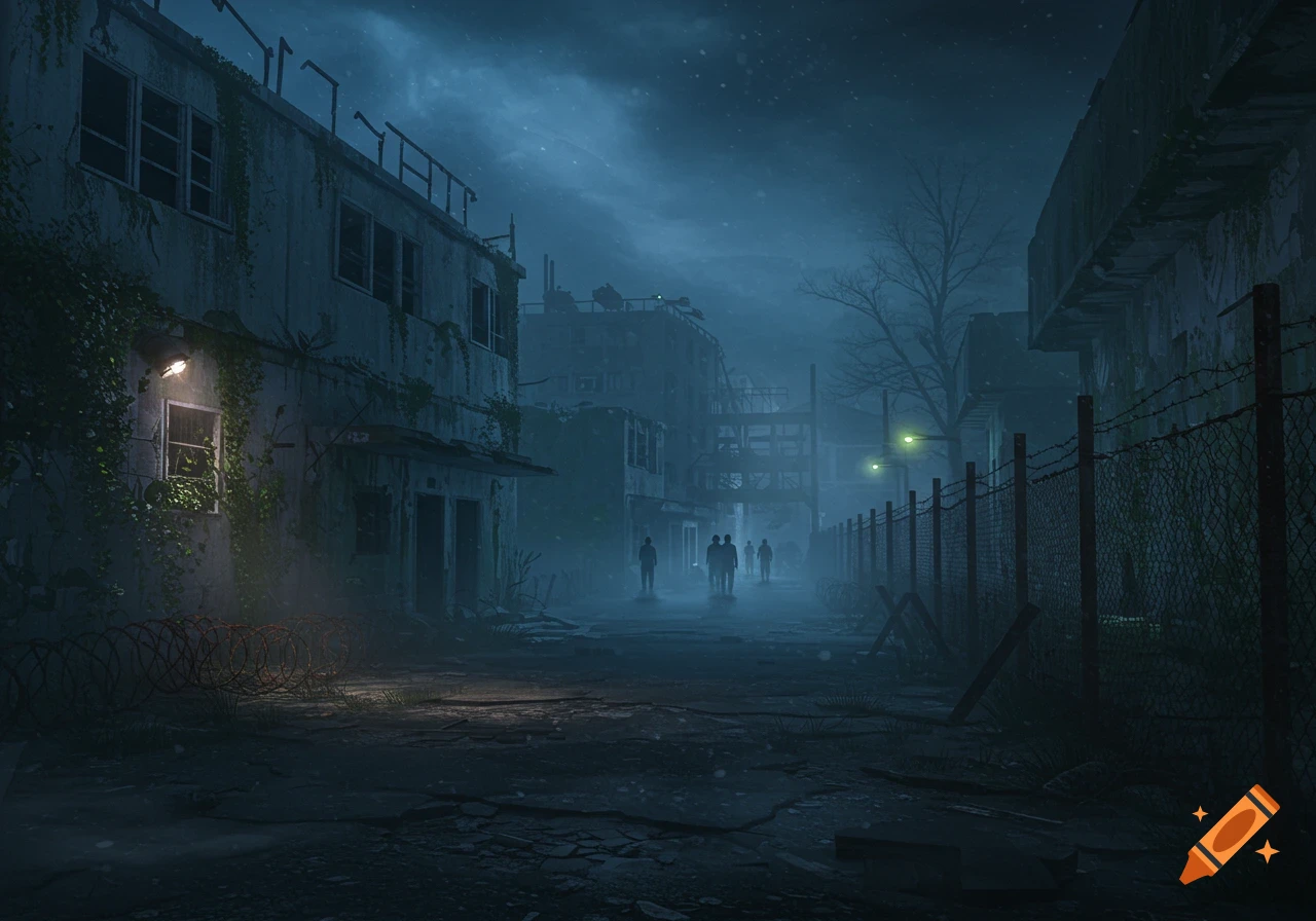 A dark, foggy urban street at night with dilapidated buildings, a barbed wire fence, and indistinct silhouetted figures in the distance.