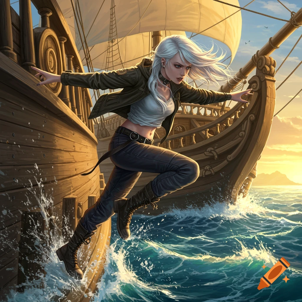 A white-haired woman in a jacket and boots leaps dynamically between two wooden sailing ships on a stormy sea at sunset, illustration.