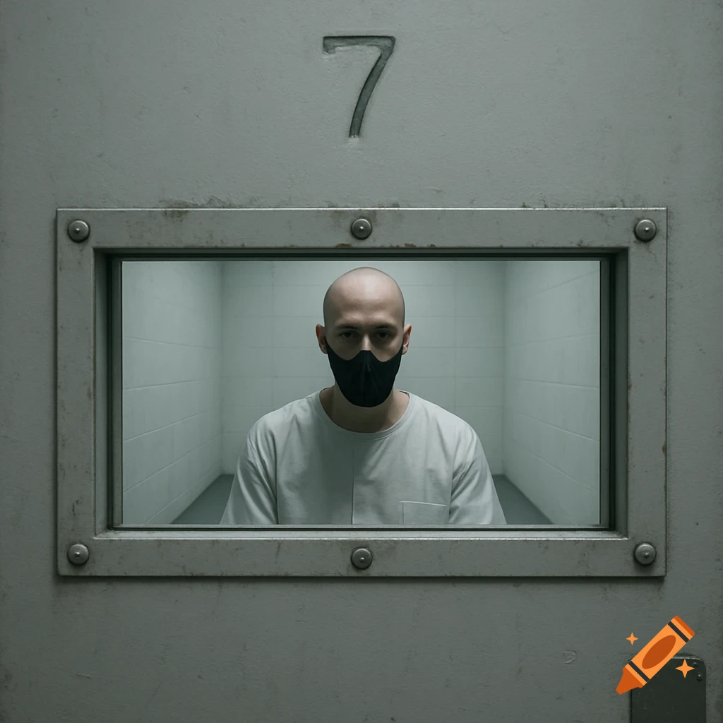 A bald man in a white uniform and black mask stares through a rectangular peephole in a metal door with a scratched '7' in a photorealistic style.