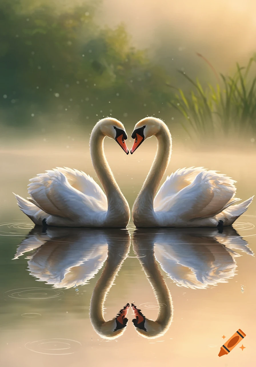 Two elegant white swans with necks forming a heart reflect on calm water during a misty sunrise.