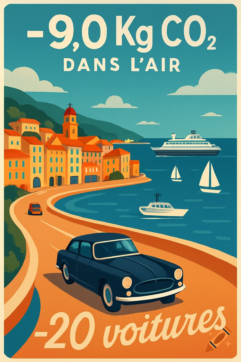 A retro-style travel poster shows a coastal town with colorful buildings, a winding road with a vintage car, and boats in the sea, under text about CO2 reduction and cars.