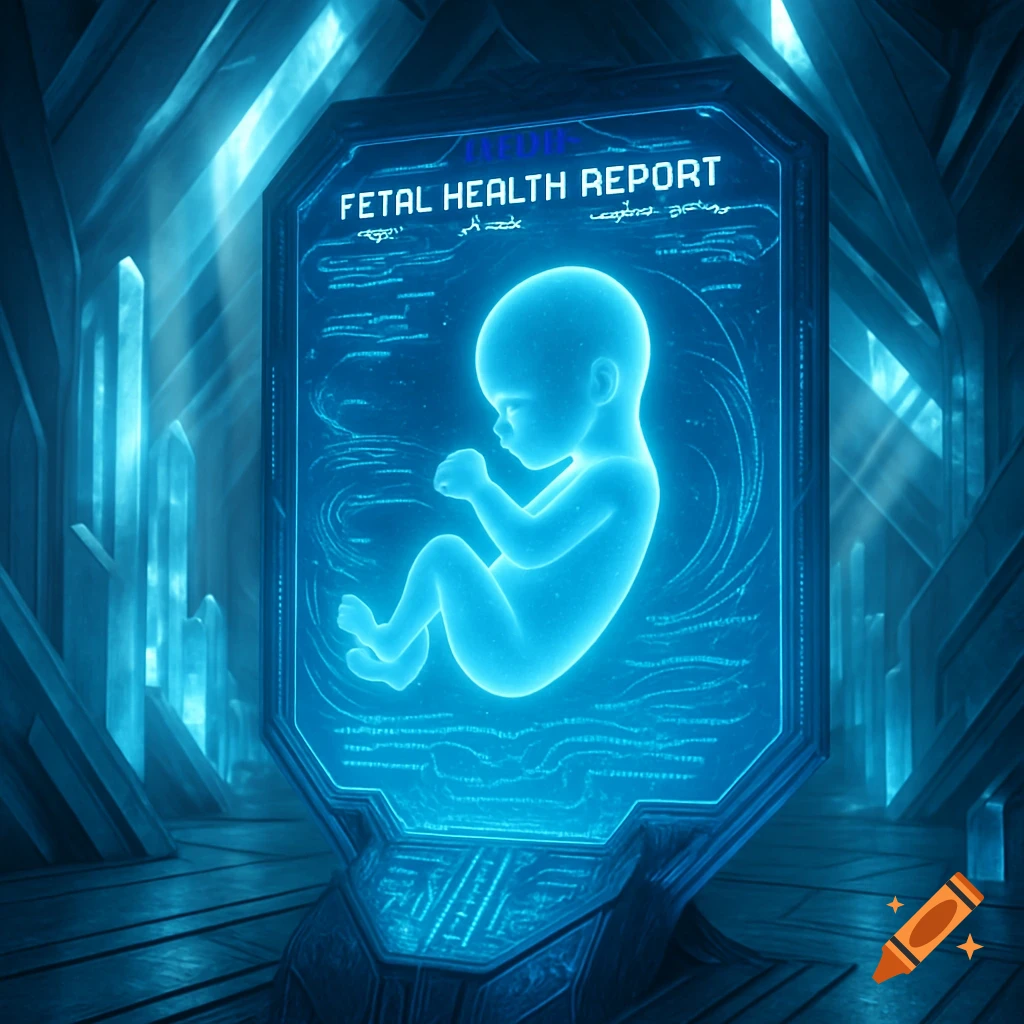 A glowing blue fetus displayed on a futuristic holographic screen showing a 'Fetal Health Report' in a sci-fi chamber.