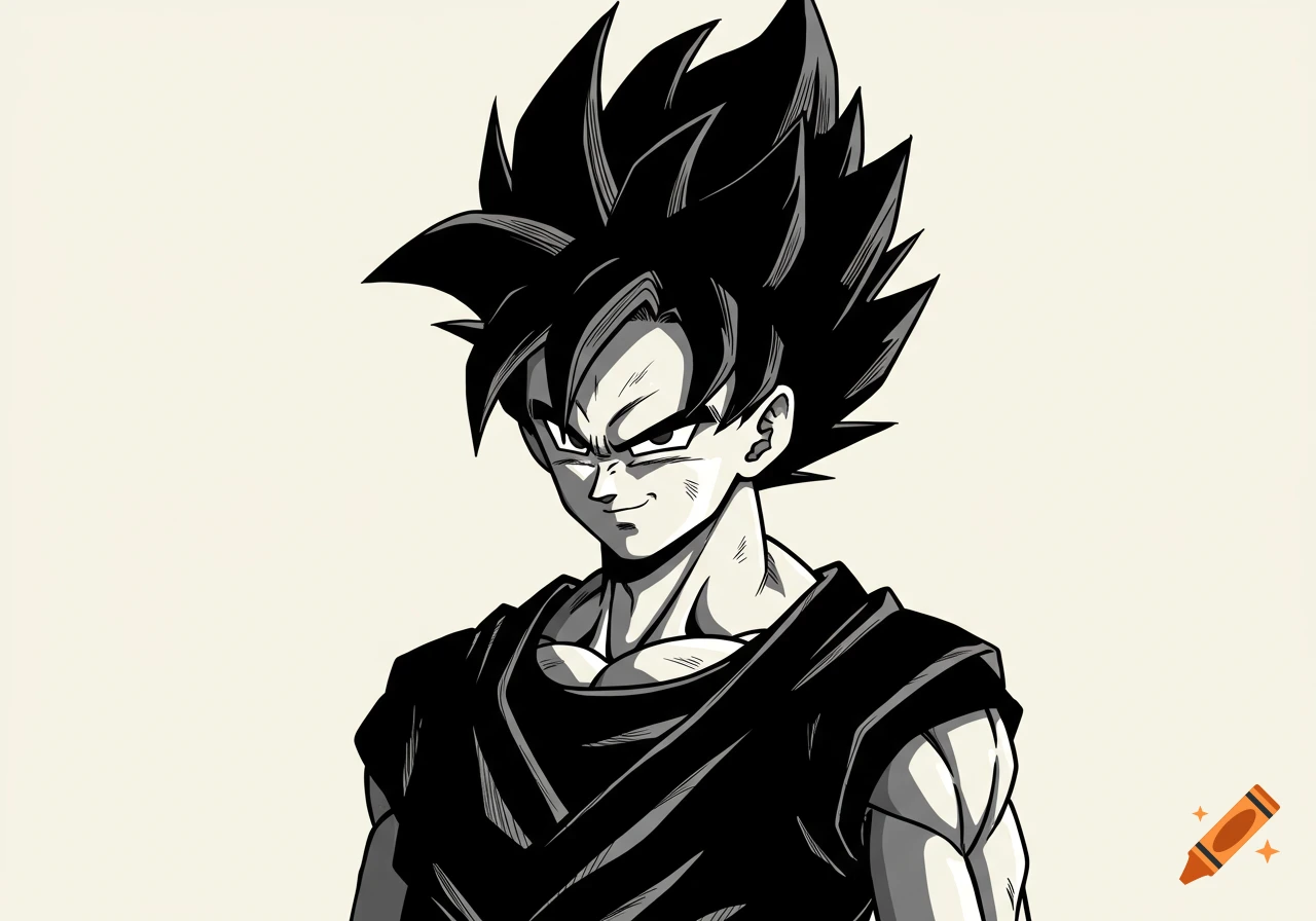 A black and white anime-style portrait of a male character with spiky dark hair, looking forward with a confident smirk.